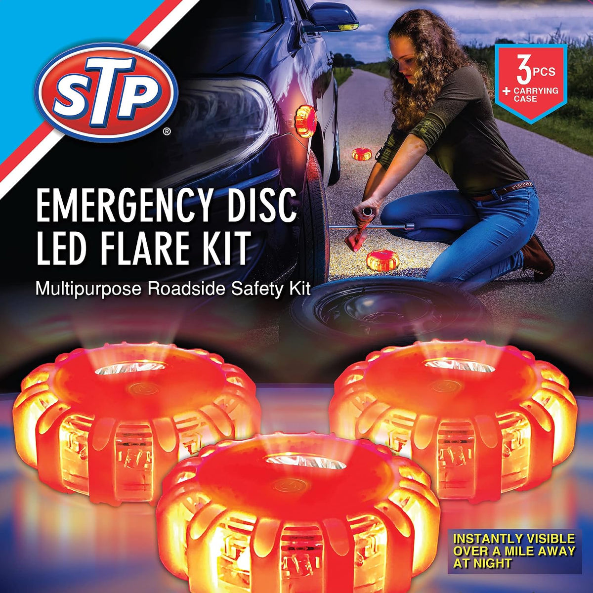 STP Emergency Auto LED Road Flare Discs, 8 Flash Modes/2 Mounting Options, 1 Mile Signal Viability, Includes Carrying Bag, Battery-Powered: Requires 3 AAAS, 3-Pack