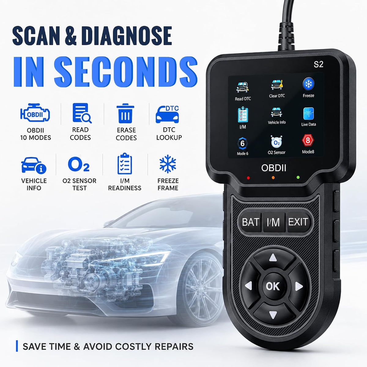 OBD2 Scanner, Check Engine Code Reader, Car Scanner Diagnostic Tool