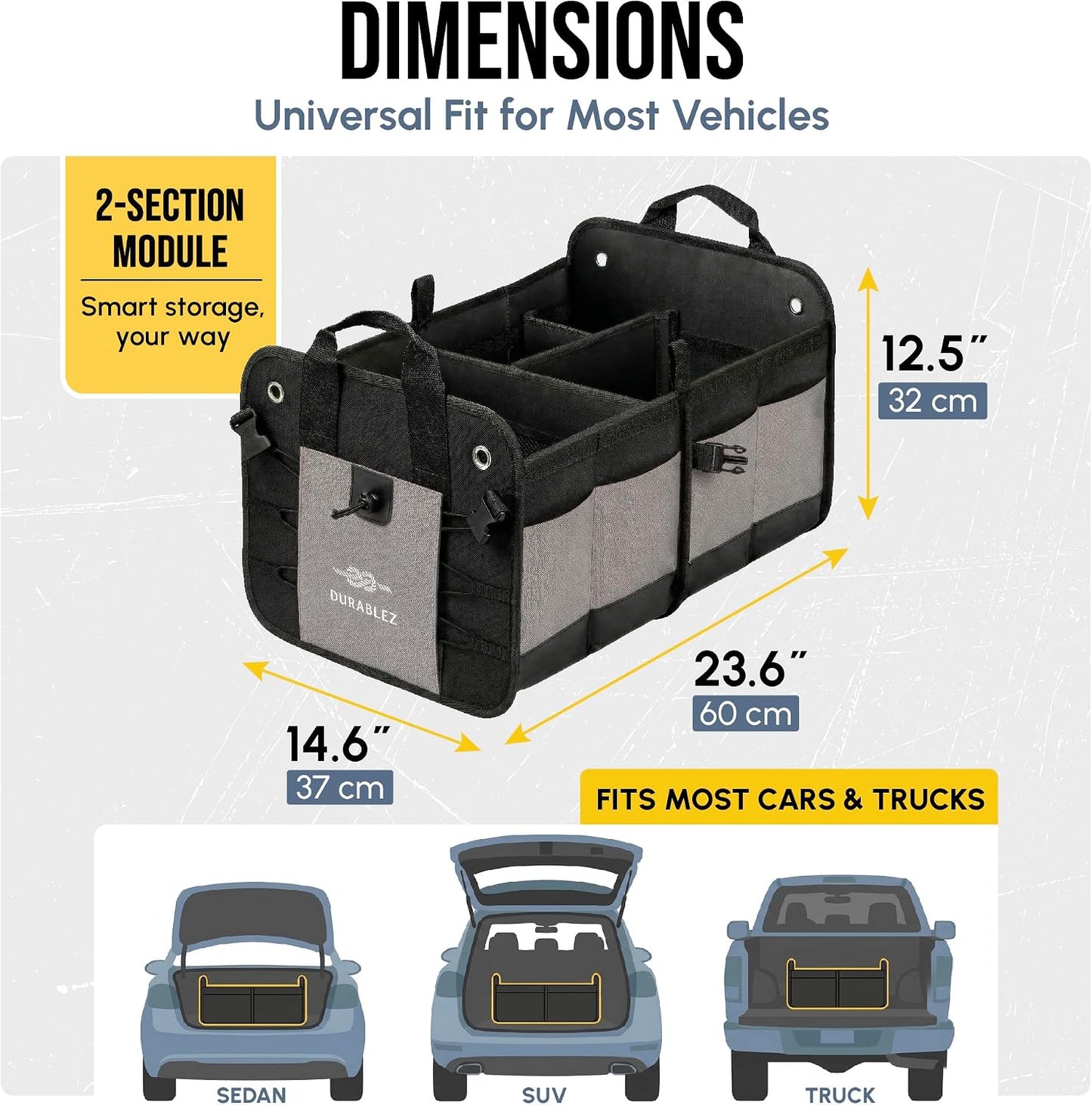 Compact Car Trunk Organizer 2-Section – Grocery, Tools, Cleaning Supplies Storage – Foldable Dual-Compartment Cargo Bin with Cover Net – Gray