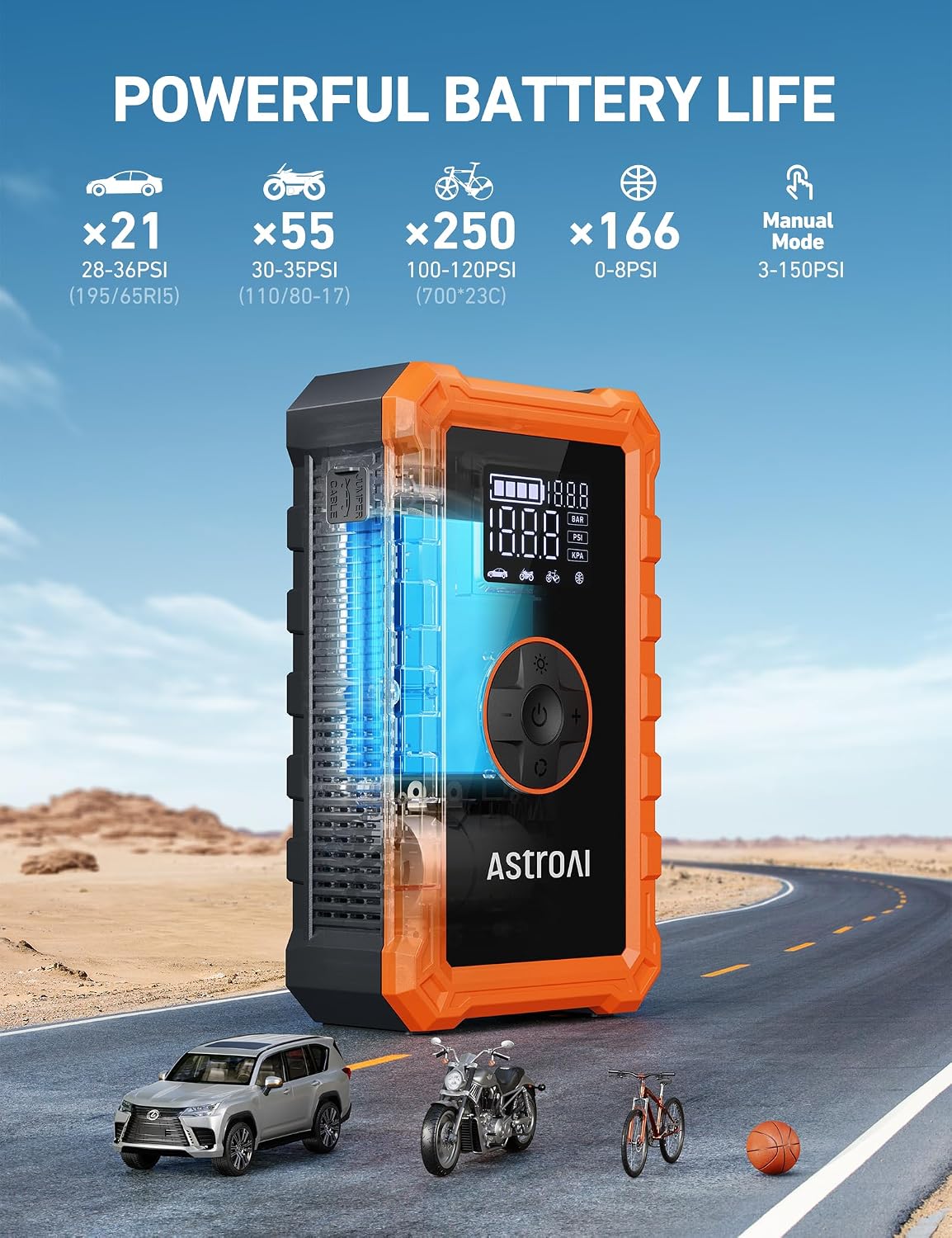 AstroAI S8 Air 3000A Jump Starter with Air Compressor, 12V Jump Box