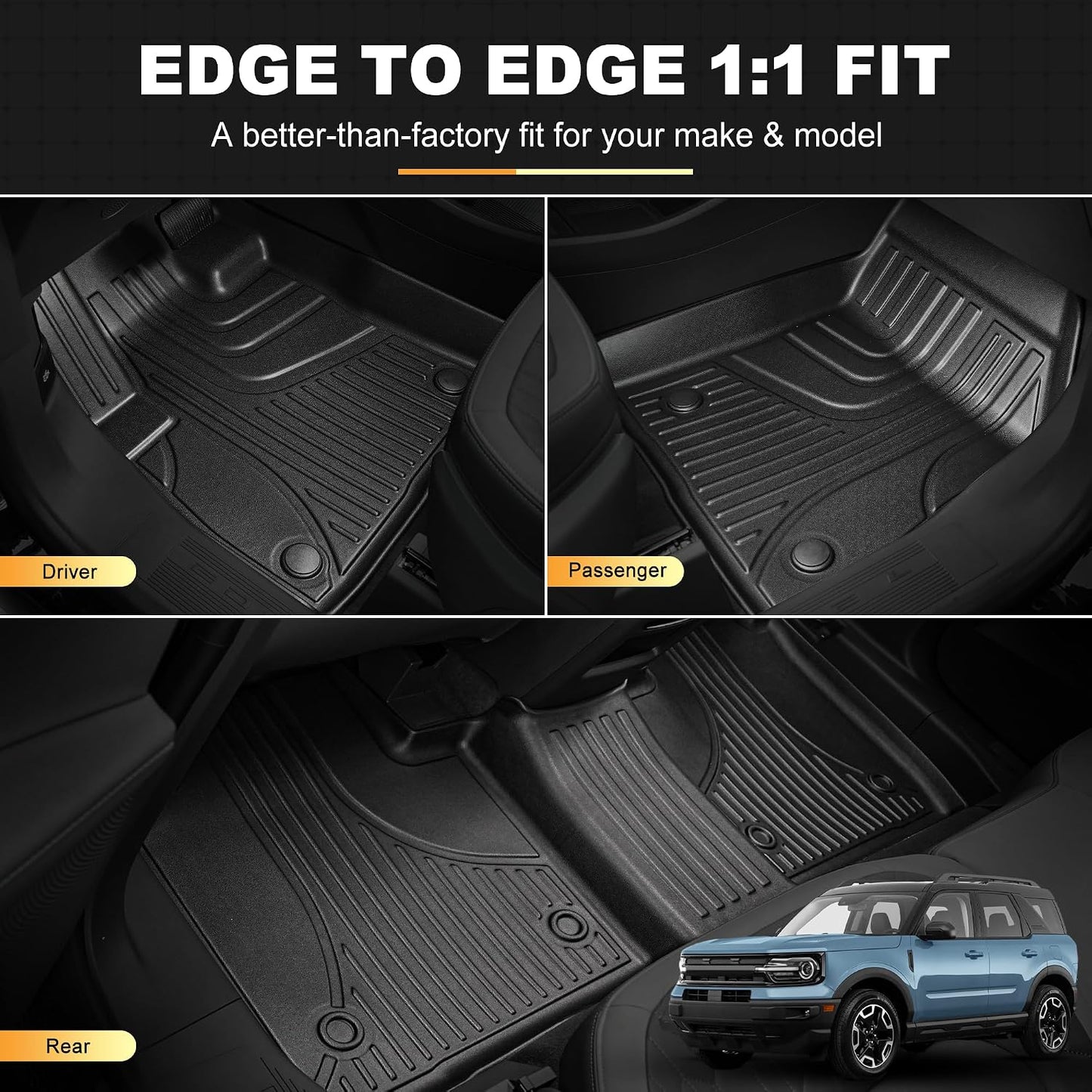 AOMSAZTO Floor Mats for Ford Bronco Sport 2021 2022 2023 2024 2025 2026 | 1st & 2nd Row All Weather Protection Car Floor Liners Waterproof Mats