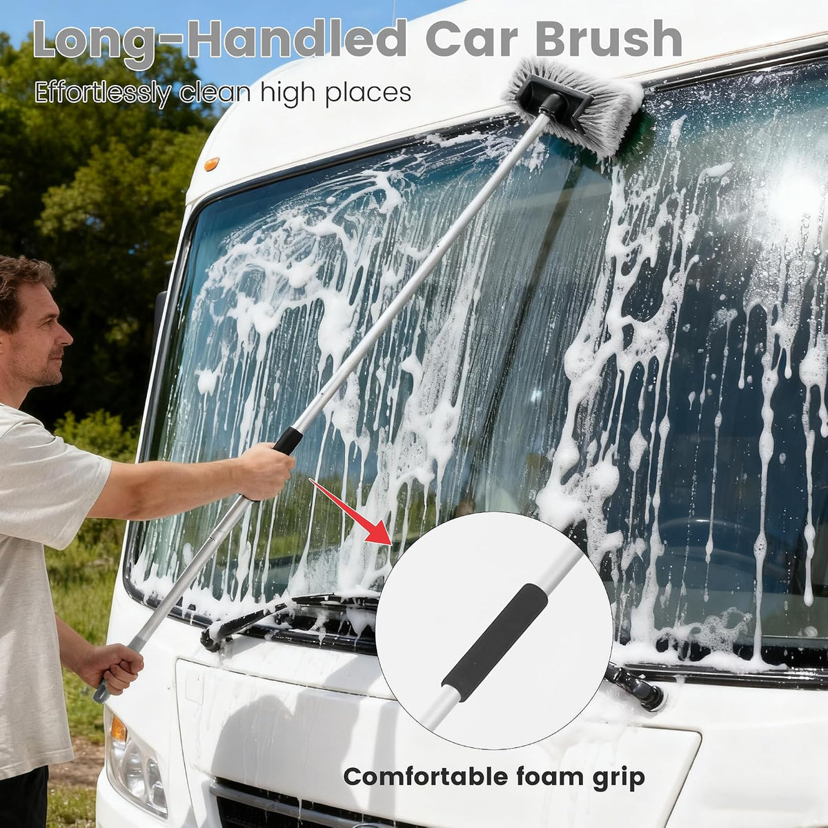 Car Wash Brush with Long Handle, 60'' Soft Bristle Cleaning Brush, Car Cleaning Brushes, Carwash Brushes for SUV, RV, Boat, Truck, House Siding, Sweep Snow, Gray