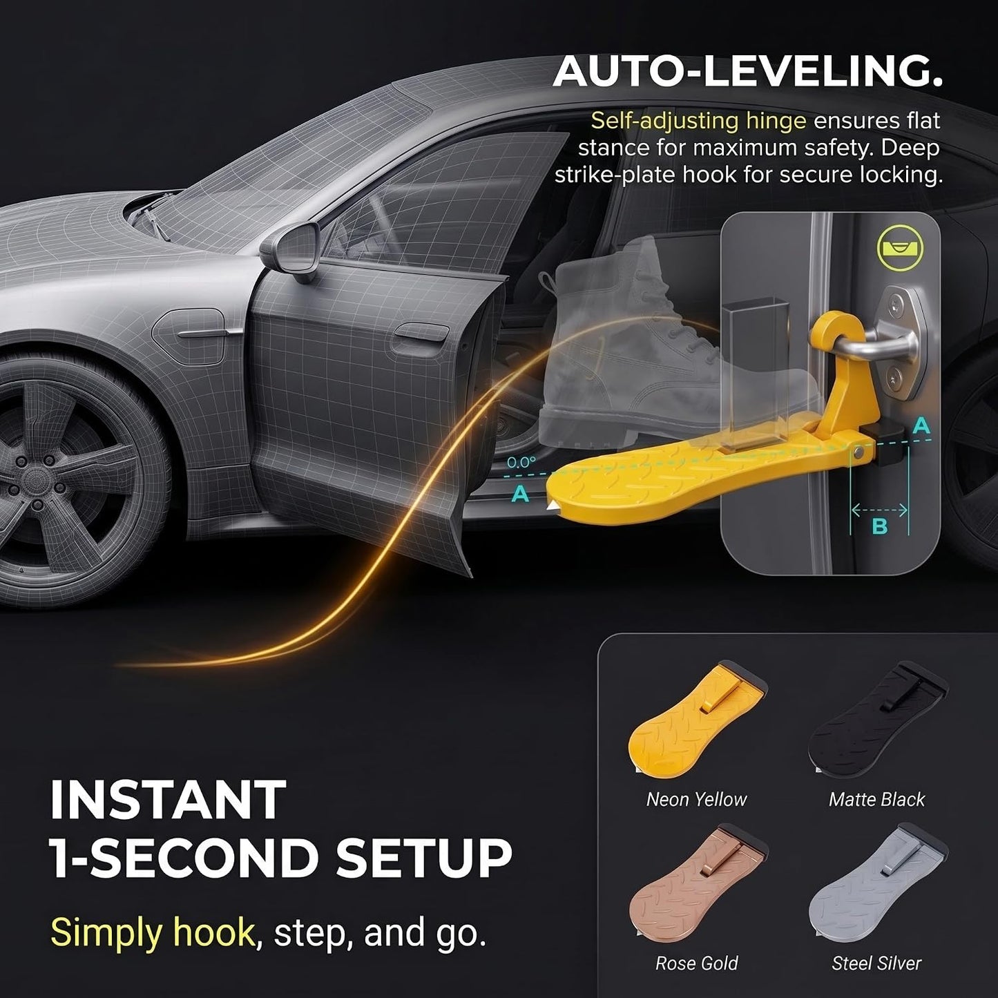 Car Door Step, Folding Aluminum Alloy Step with Window-Breaking Hammer & Escape Tool, Universal Fit Roof Rack Access for Most Cars/SUVs/Trucks, Max Load 400 lbs(Long)