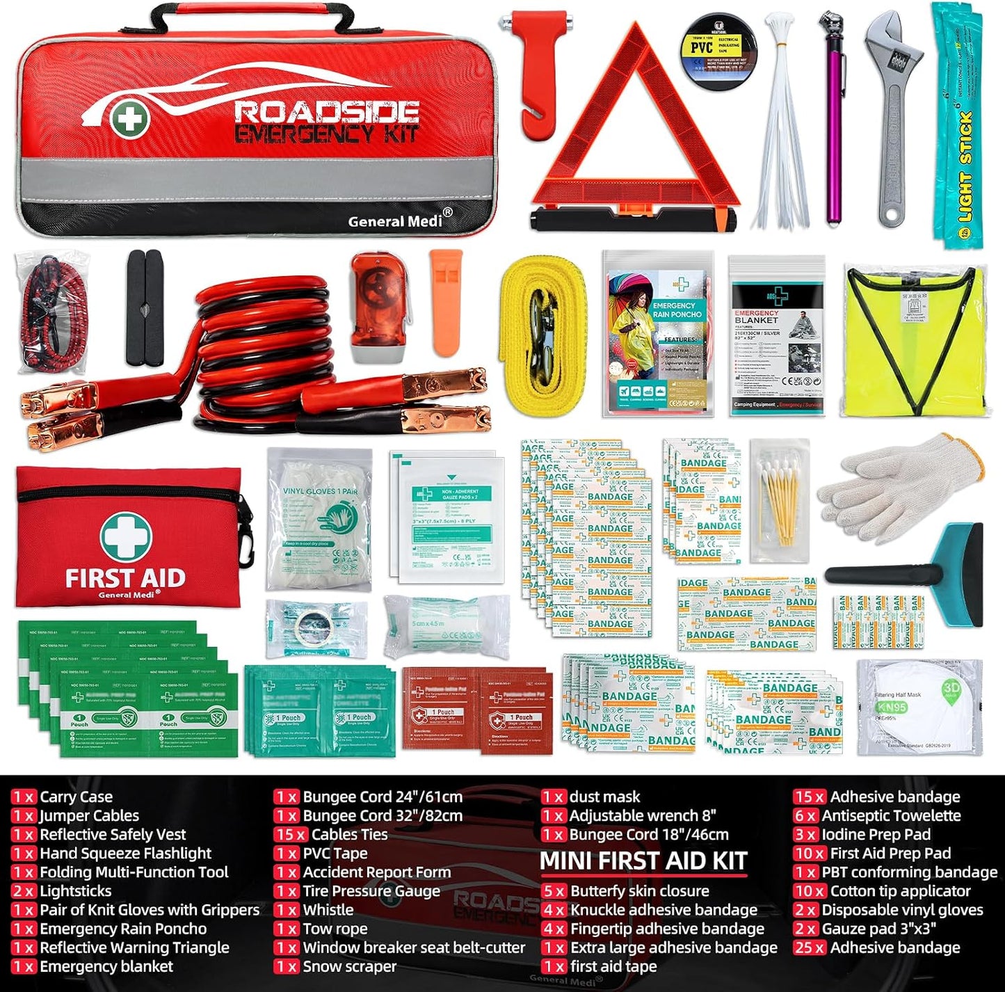 General Medi 127-Pieces Roadside Car Emergency Kit Include Mini First Aid Kit, Jumper Cables,Tow Rope, Bandage, Safety Vest, Emergency Triangle, All in One Pack