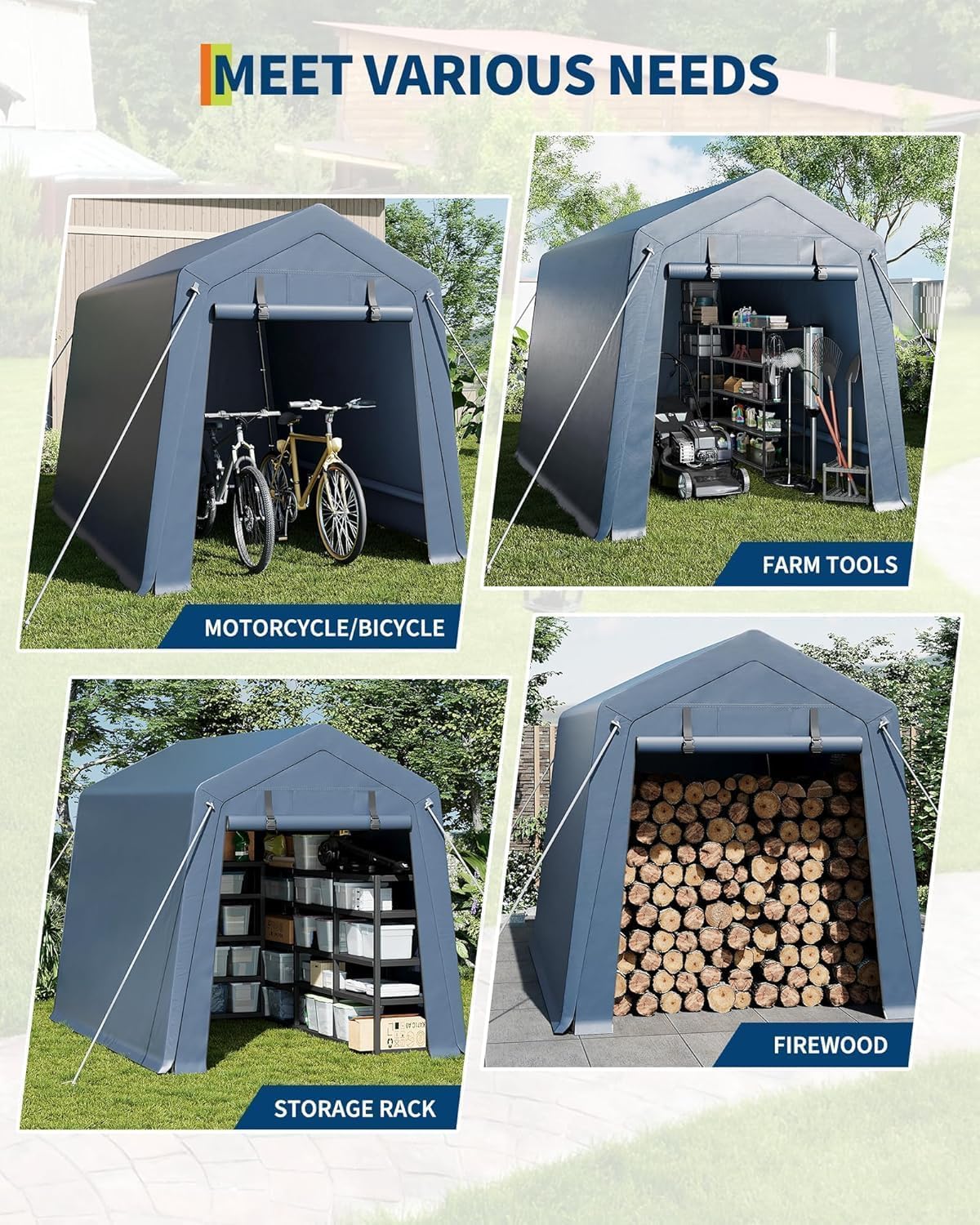 6x8 FT Outdoor Storage Shelter Shed Carport with Roll Up Door Windows Waterproof Portable Garage Heavy Duty Tent for Motorcycle Bike Firewood Tools Ventilated