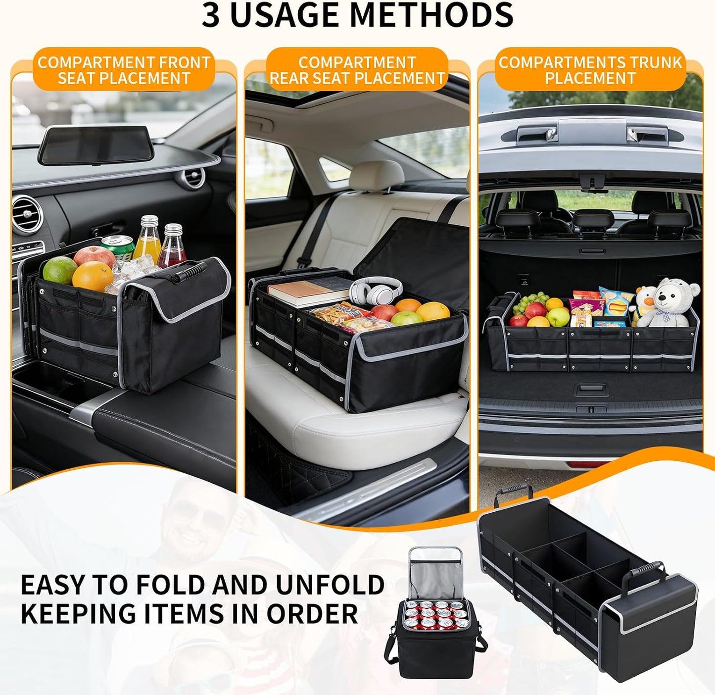 Car Trunk Organizer with Cooler Bag, Collapsible Multi-Compartment Storage Organizer for SUV Truck, Durable Car Cargo Organizer for Groceries Camping Travel