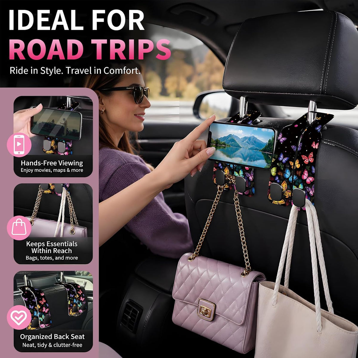 Car Seat Back Storage Hook, Funny Car Purse Hook, Cute Vehicle Storage Organizer for Purses Handbags Butterfly Galaxy Pattern