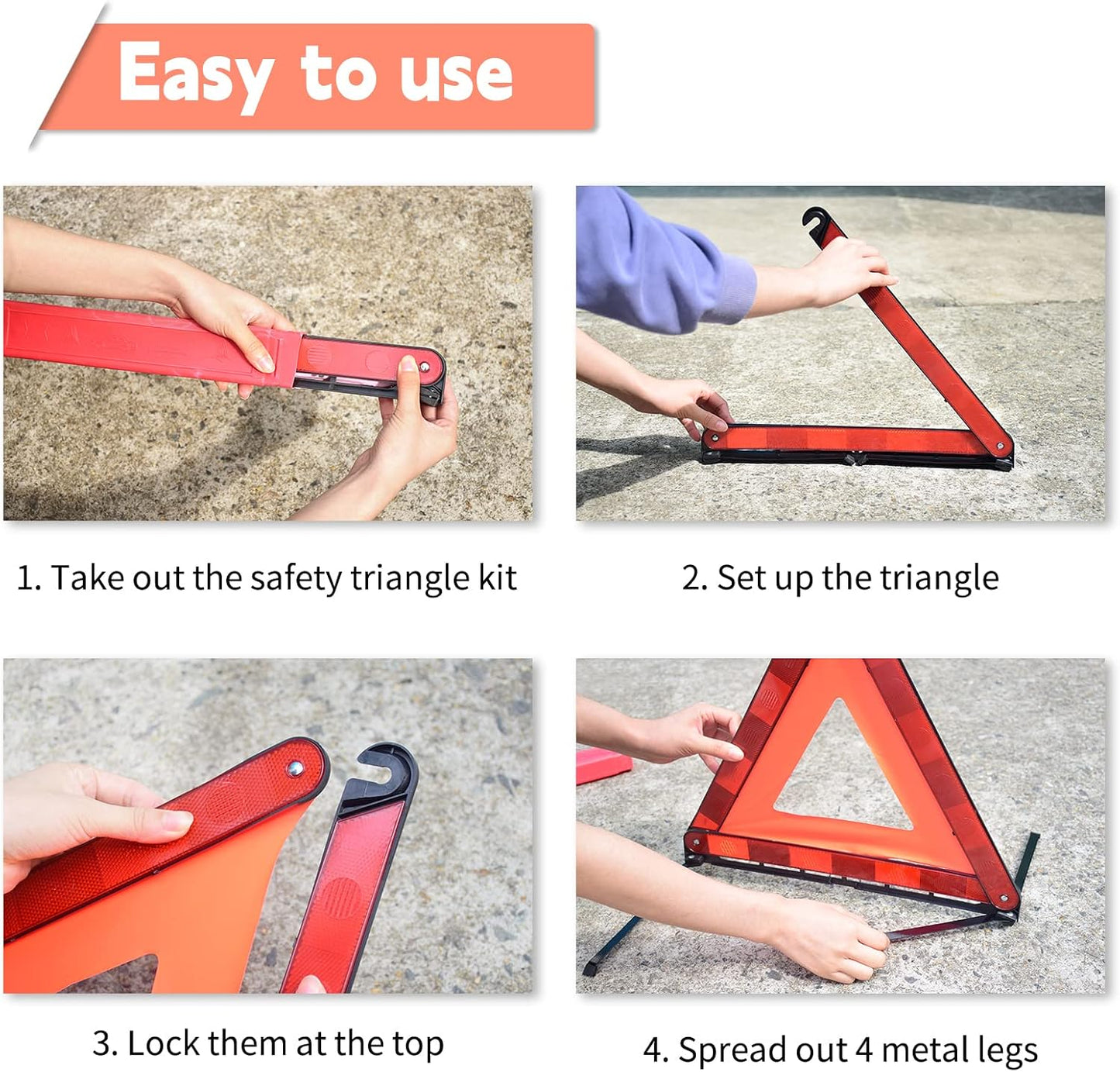 DEDC Car Safety Triangle Warning Kit, Set of 4 Roadside Emergency Kit with Reflective Warning Triangle,Visibility Roadside Vest, LED Road Flares Emergency Lights