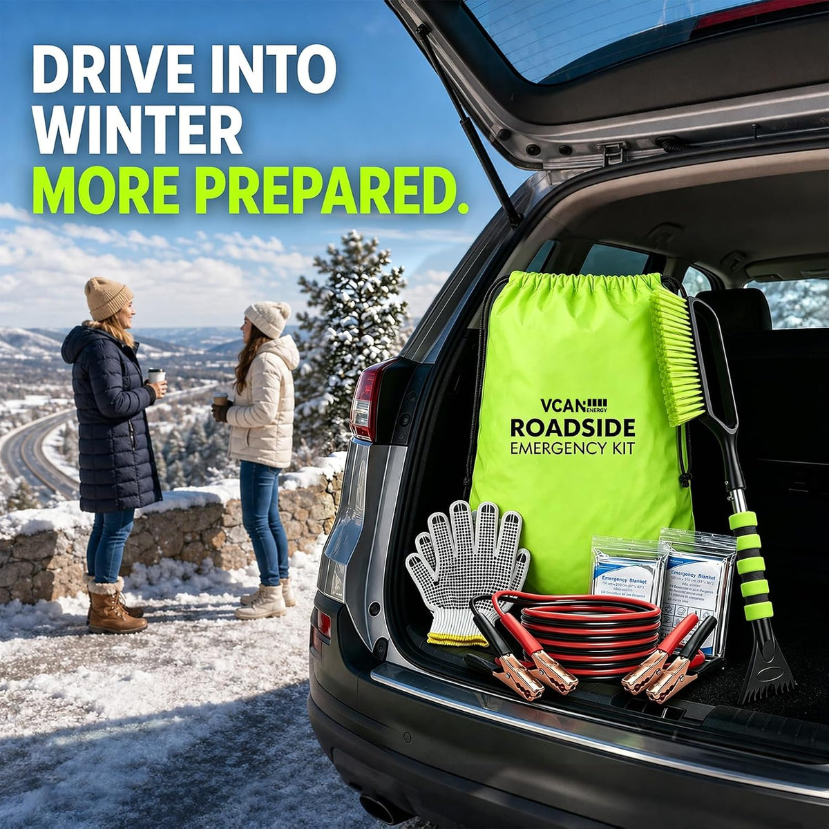 Winter Car Emergency Kit with Jumper Cables, 2-in-1 Detachable Snow Brush