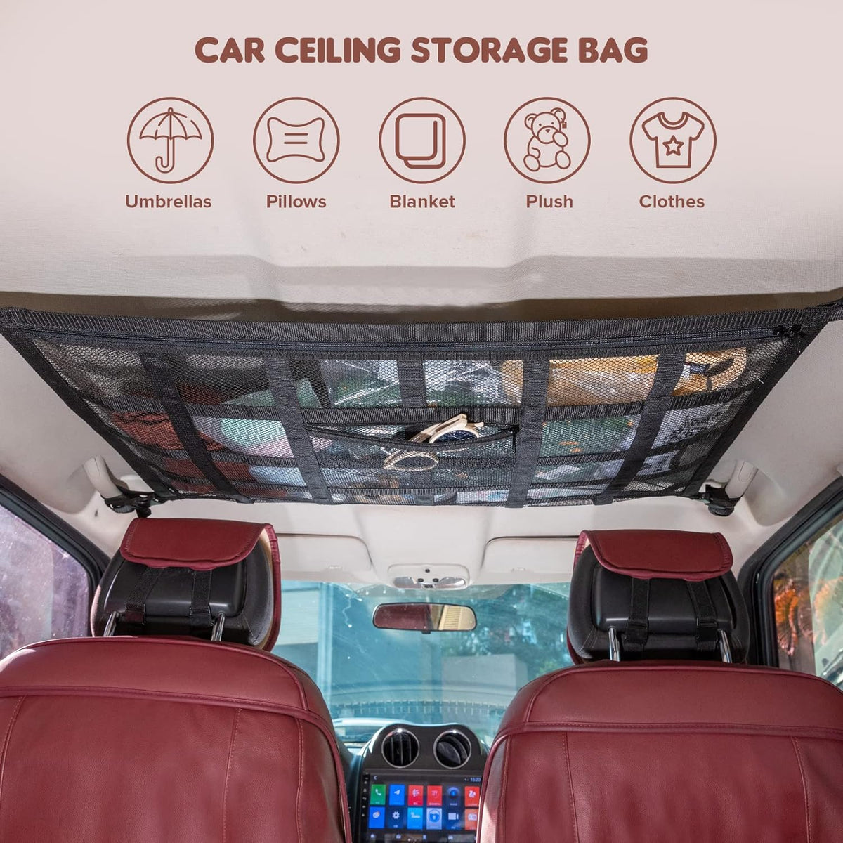 Upgrade Car Ceiling Cargo Net Pocket,31.5"x21.6" Double-Layer Roof Storage Organizer,Overhead Net for SUV & Van Camping,Travel Road Trips,Van Life Essentials,Fit 4 Handle Vehicles