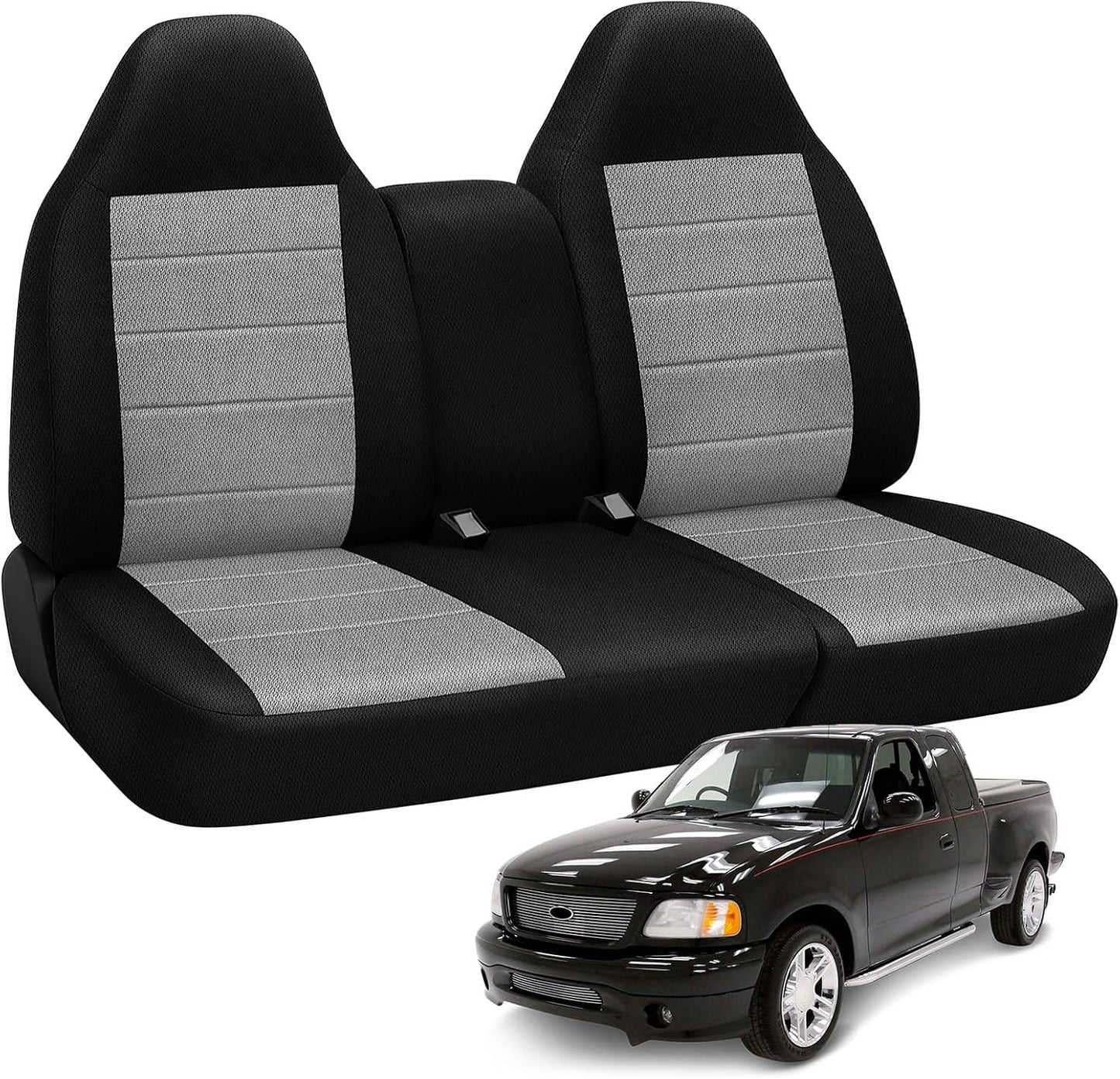 Front Truck Seat Covers for 1997-2000 Ford F-150 | 40/60 Split Bench with Opening Center Console, Not with Airbags Next to The Headrest, Black&Gray