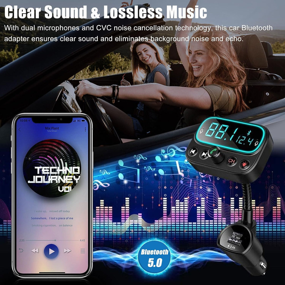 DAGIJIRD Bluetooth 5.0 FM Transmitter Car Adapter USB&Type-C Car Charger Cigarette Lighter Adapter, Hands-Free Calling, Small