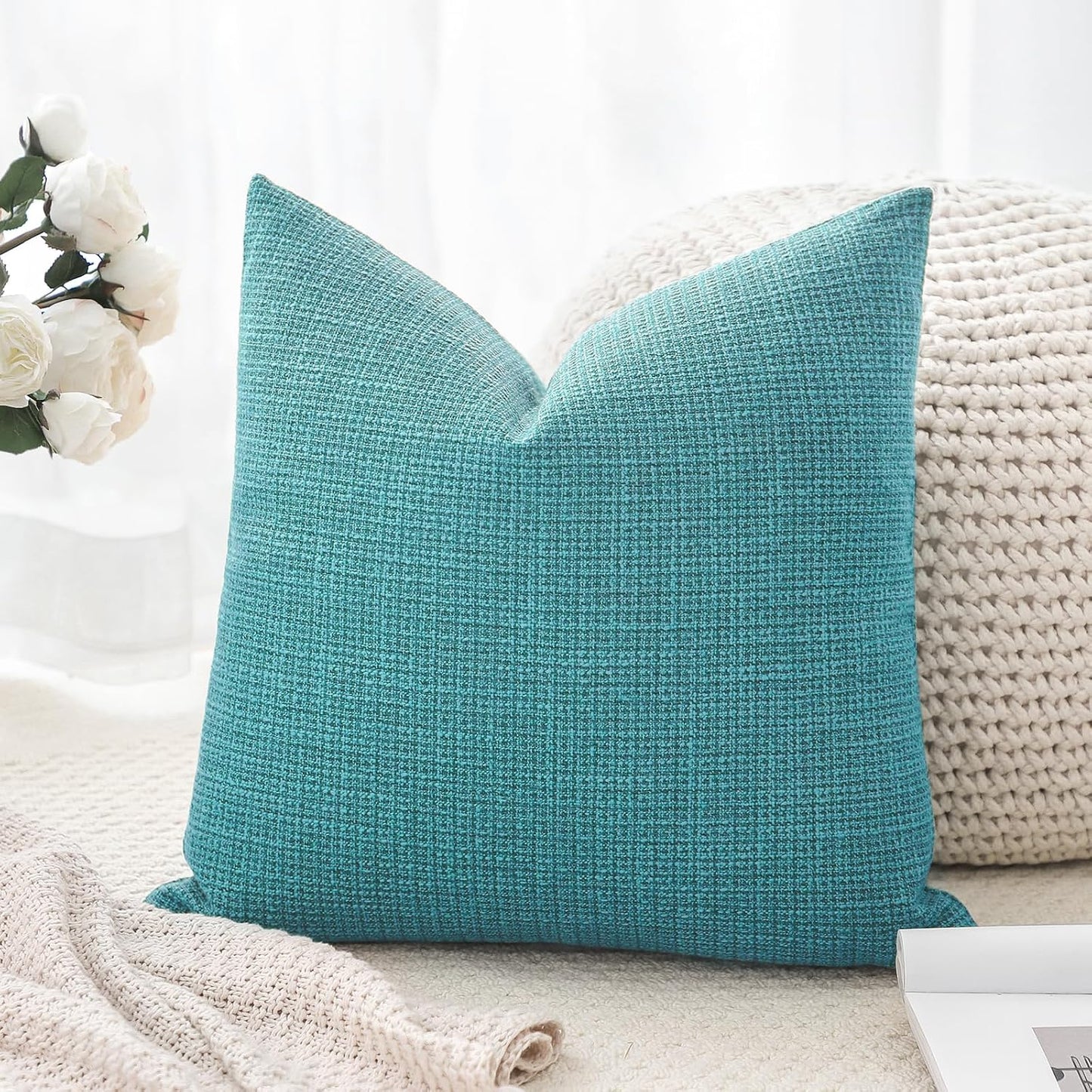 OTOSTAR Linen Throw Pillow Cover Set of 1 Decorative Square Pillowcases Cushion Covers 24x24 Inch for Home Decor Sofa Bedroom Car 60 x 60CM Turquoise
