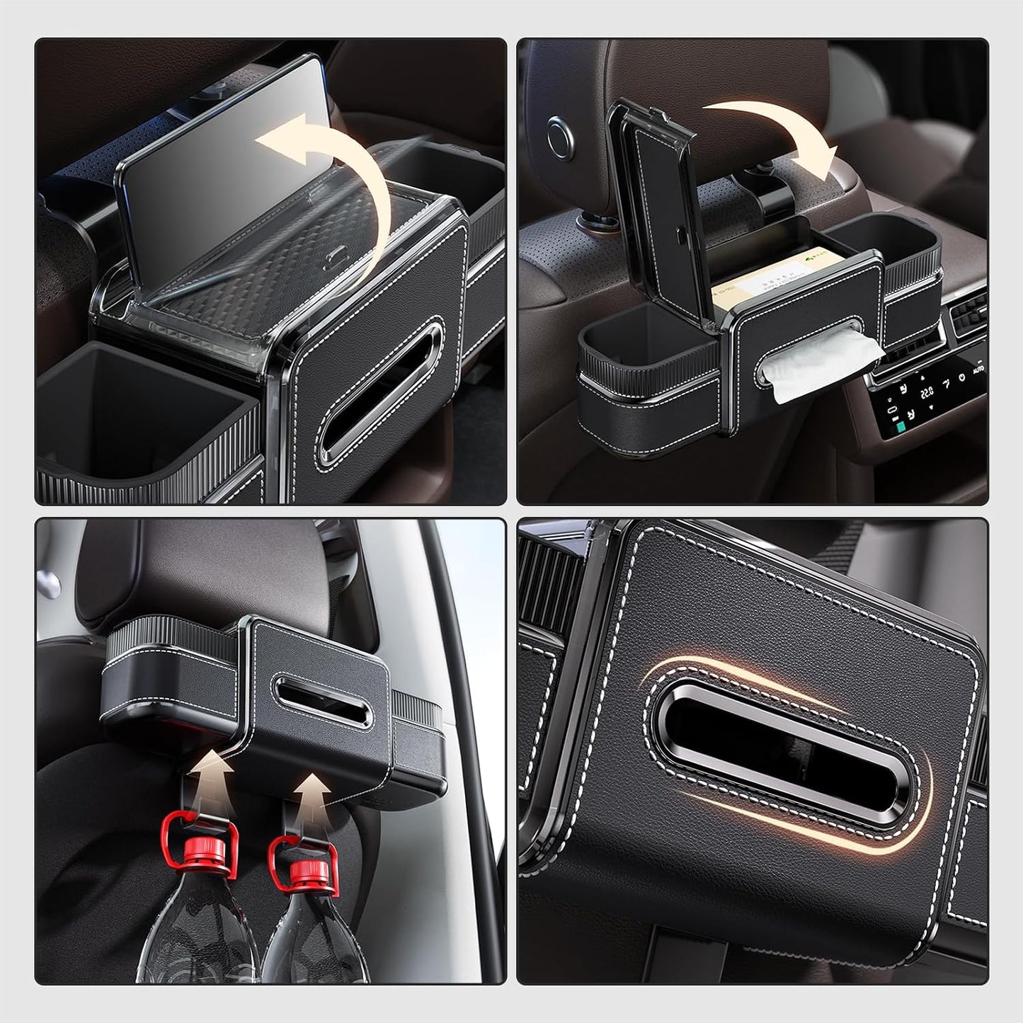 Multifunctional Car Seat Back Organizer Box with Drink Cup Holder, Makeup Mirror, Tissue Box& Hooks for Car Seat Back, New Upgrade Car Headrest Backseat Organizer Suitability for Wife, Girlfriend