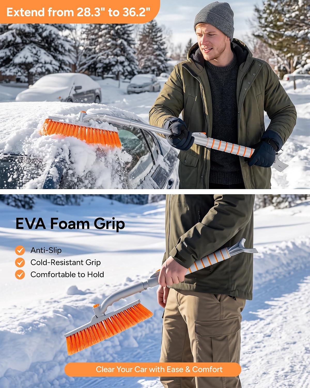 36.2" Snow Brush with Ice Scraper for Car, 3-in-1 Versatile Design