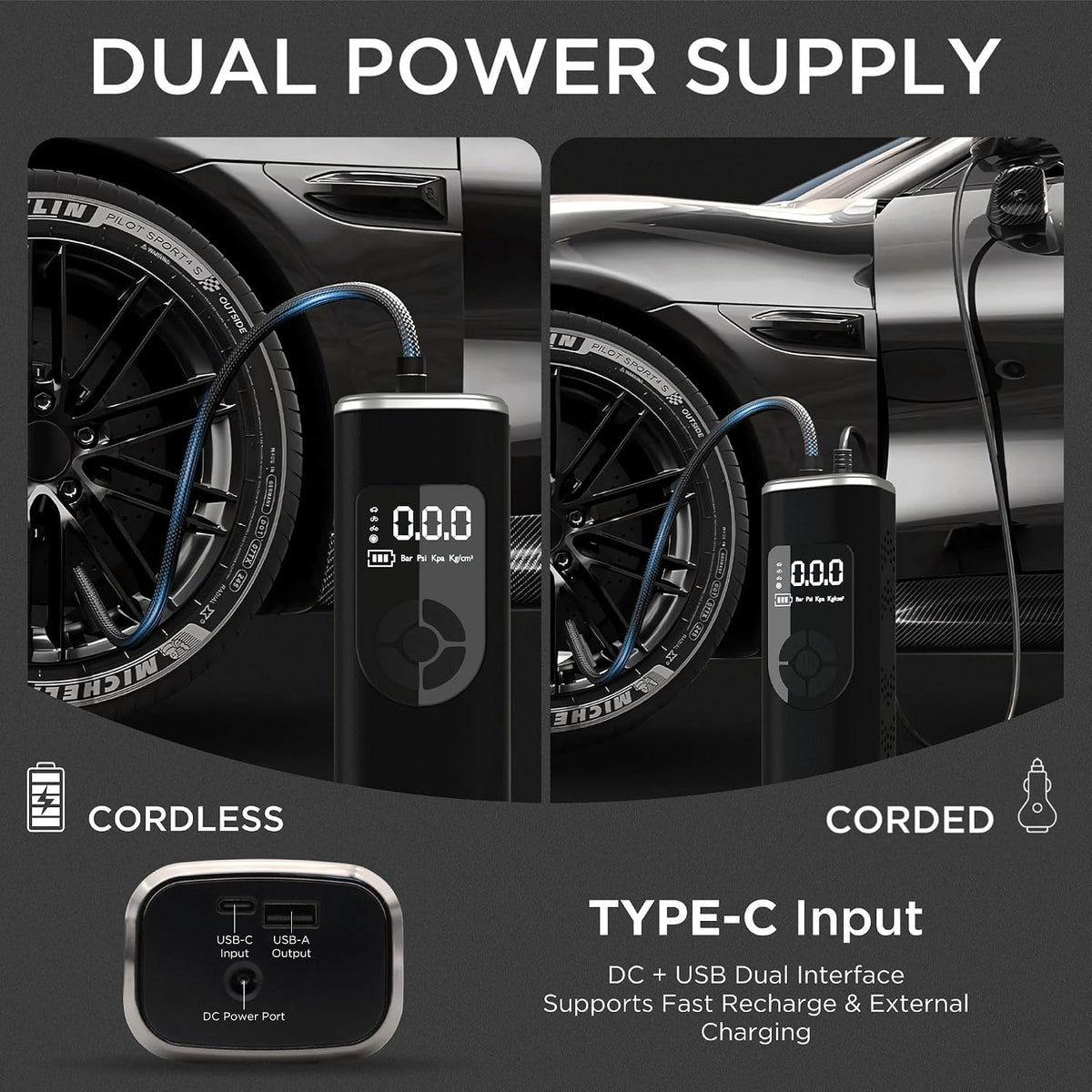 StartPro Tire Inflator Portable Air Compressor, 150PSI Cordless Air Pump, Dual Power Suply, LED Display, Flashlight, Auto Shut-Off, Fast Inflation for Car, Motorcycle, Bike, and Sports Equipment