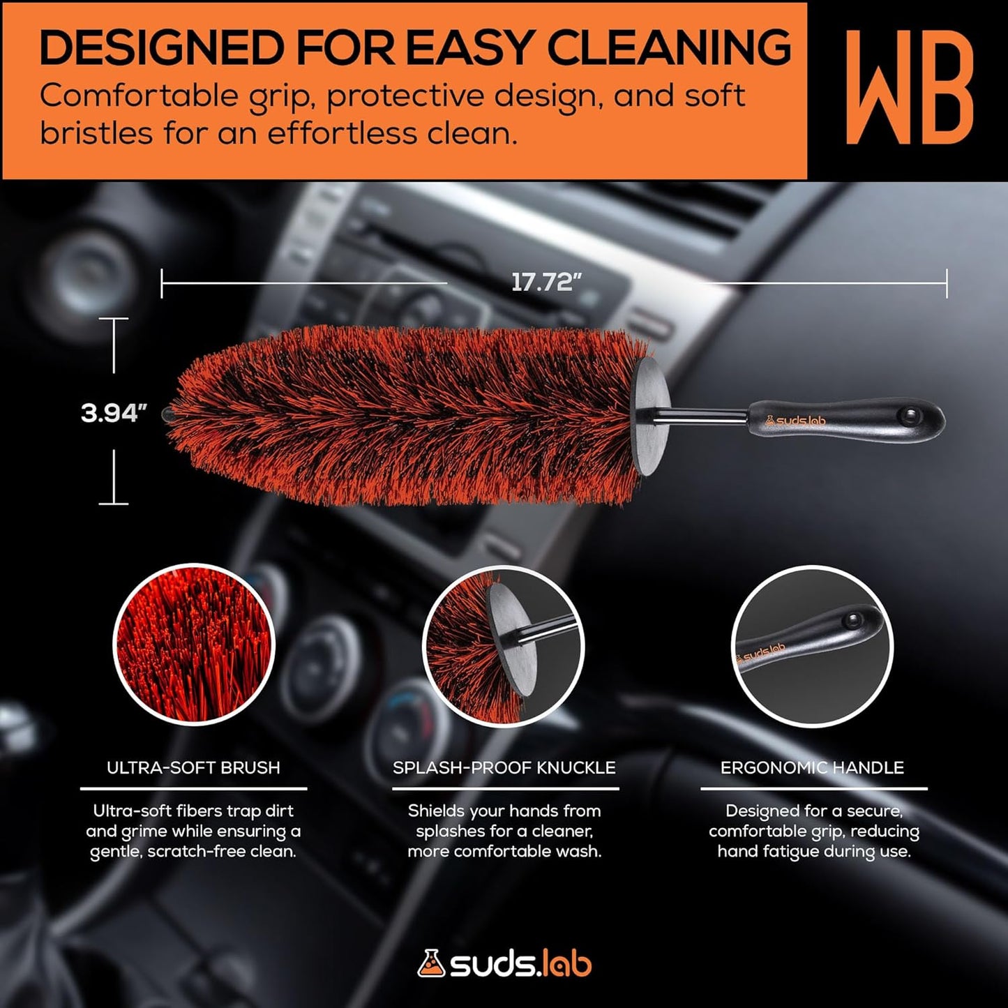 Suds Lab WB Premium Detailing Wheel Brush for All Vehicle Types – 17.7" Ultra-Soft and Scratch-Free Reusable Rim, Wheel, and Tire Brush for Deep Cleaning