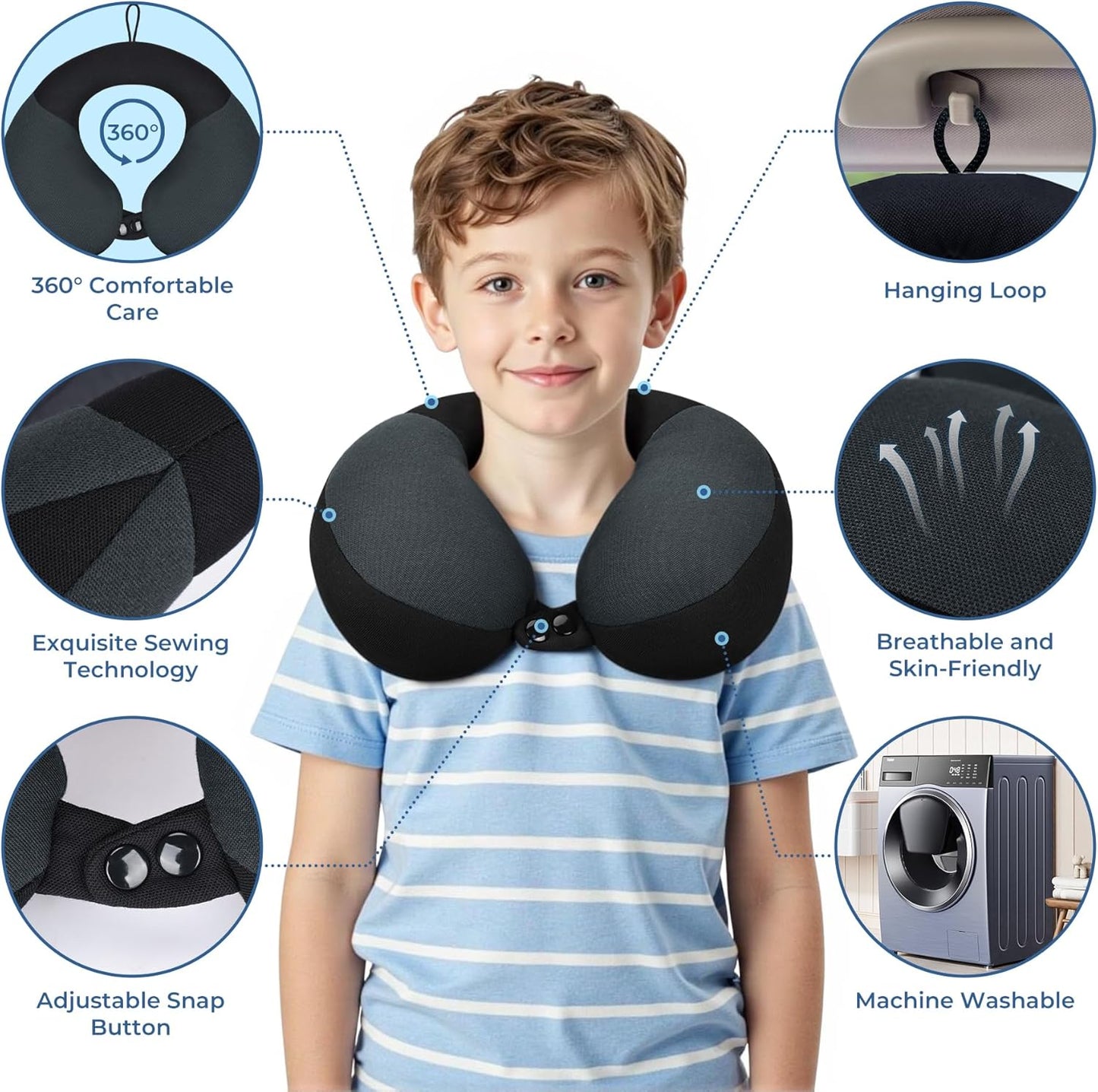 COOLBEBE Kids Travel Neck Pillow for Airplane & Car, Soft Breathable Fabric, Ergonomic Side Support for 3-12 Year Olds, Adjustable Snap Button, Travel Essential for Boys & Girls, Black & Grey