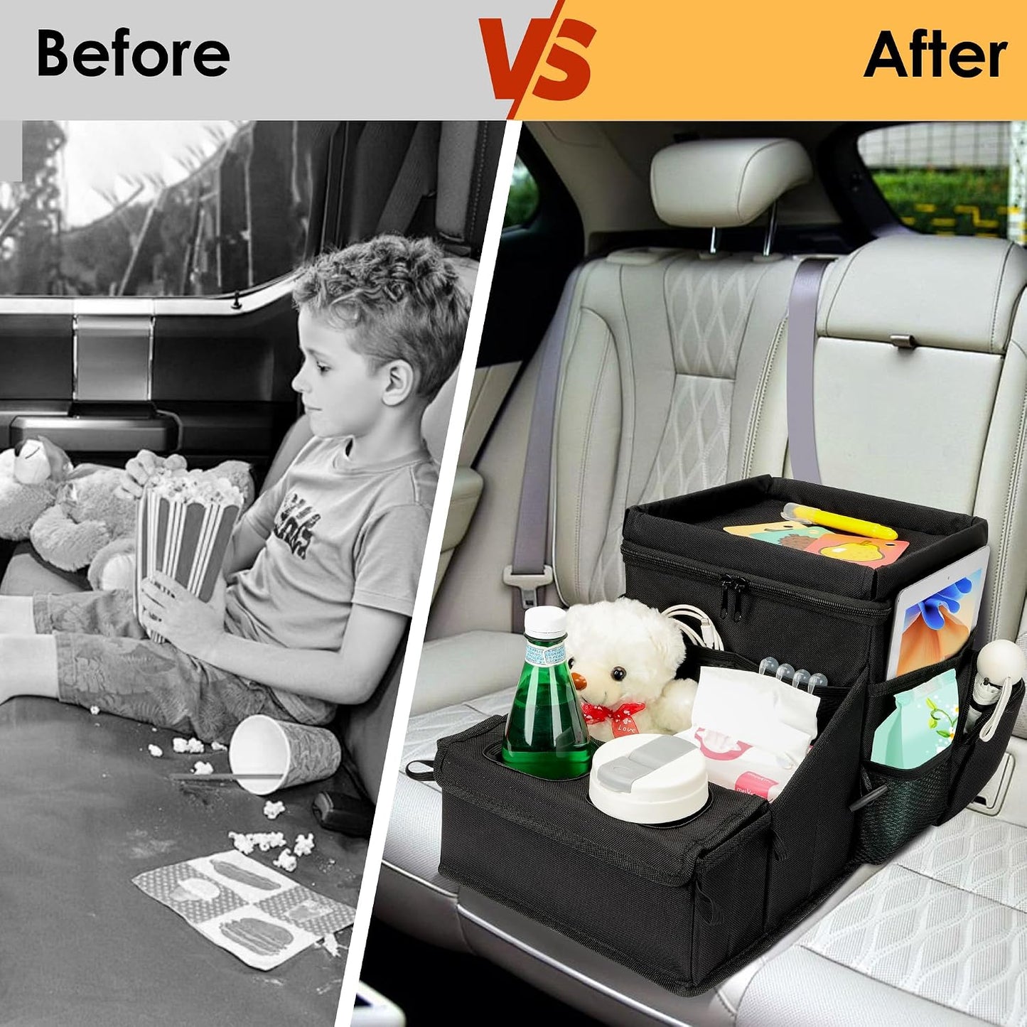 Car organizer for kids ，Backseat Organizer for Kids and Passenger Seat Organizer for Adults ，Car Seat Cooler and Warmer with Cup Holders and Convertible Tray Lid(Black)