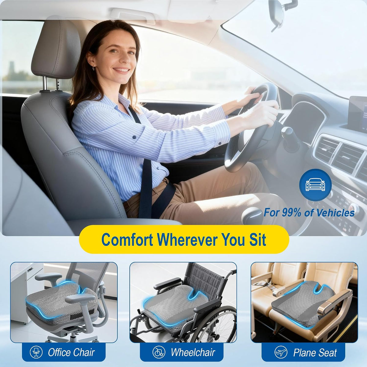 Lofty Aim Car Seat Cushion for Driving, Memory Foam Driver Seat Cushion | Car Seat Cushion for Long Driving Comfort, Driver Seat Pillow Adds Height and Support for Cars, Trucks, Office Chairs, Gray