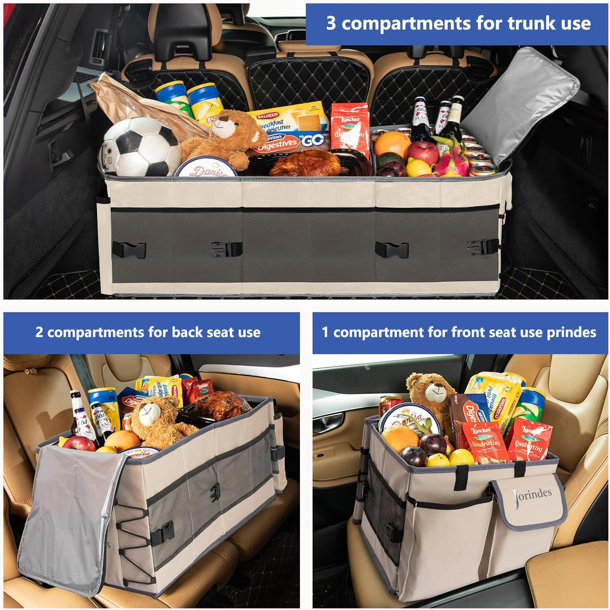 Trunk Organizer with Built-in Insulated Leak Proof Cooler Bag,Collapsible Cargo Organizer for SUV with Non Slip Bottom Strips,3 Large Compartments Foldable Waterproof Portable Car Storage Box