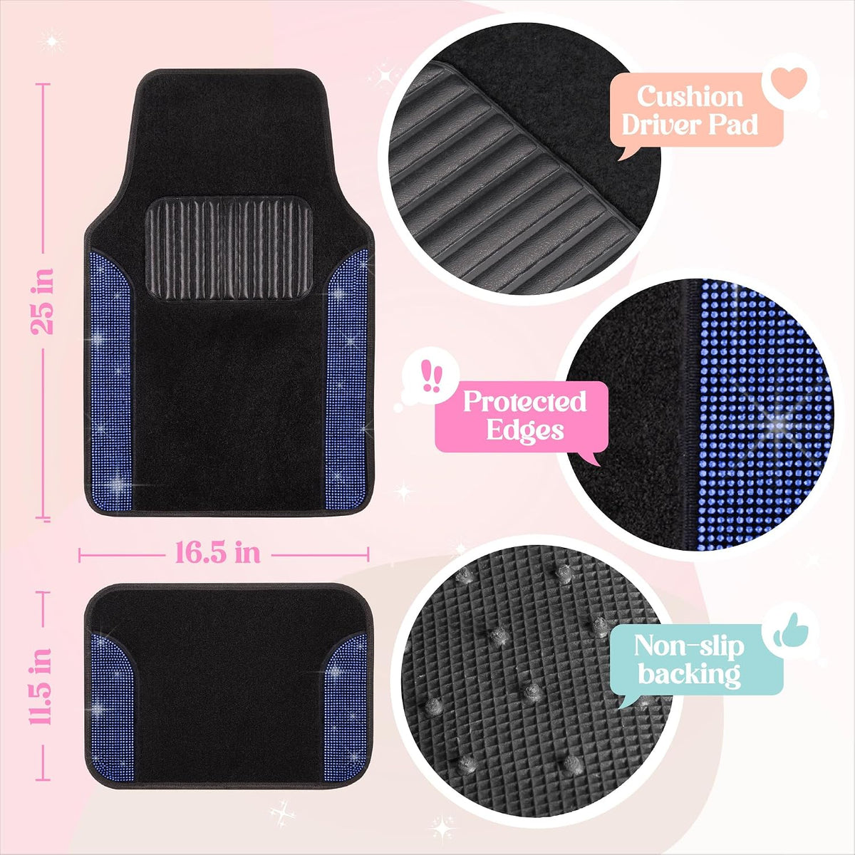 Carbella Diamond Bling Car Mats 4-Piece Set, Shiny Rhinestone Crystal Carpet Car Floor Mats, Two-Tone Floor Mats for Cars, Cute Automotive Interior Car Accessories for Women (Blue)