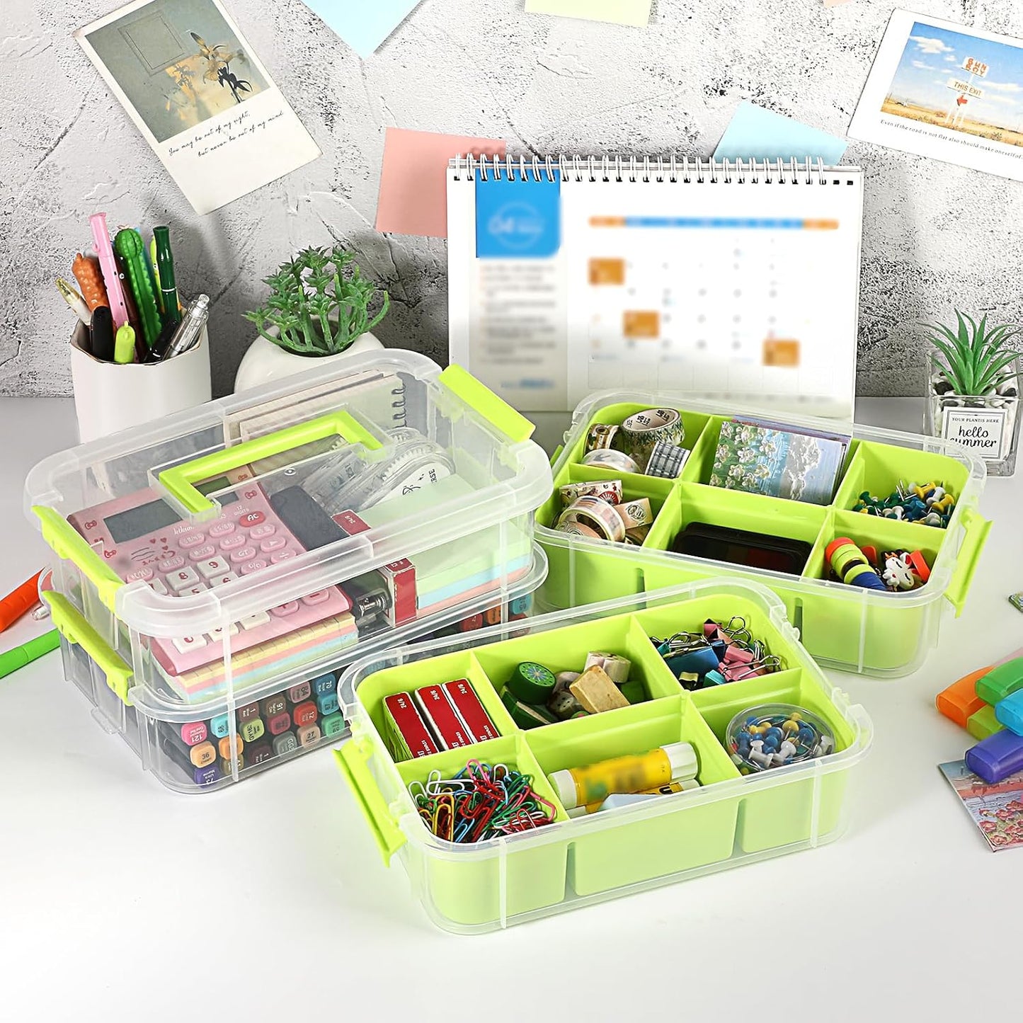 JUXYES 4-Tiers Plastic Stack Carry Storage Containers Box wih Handle Lids | Clear Stackable Latching Storage Bin With 2 Tray for School Office, Organizing Sewing, Art Craft, DIY Supplies, Green