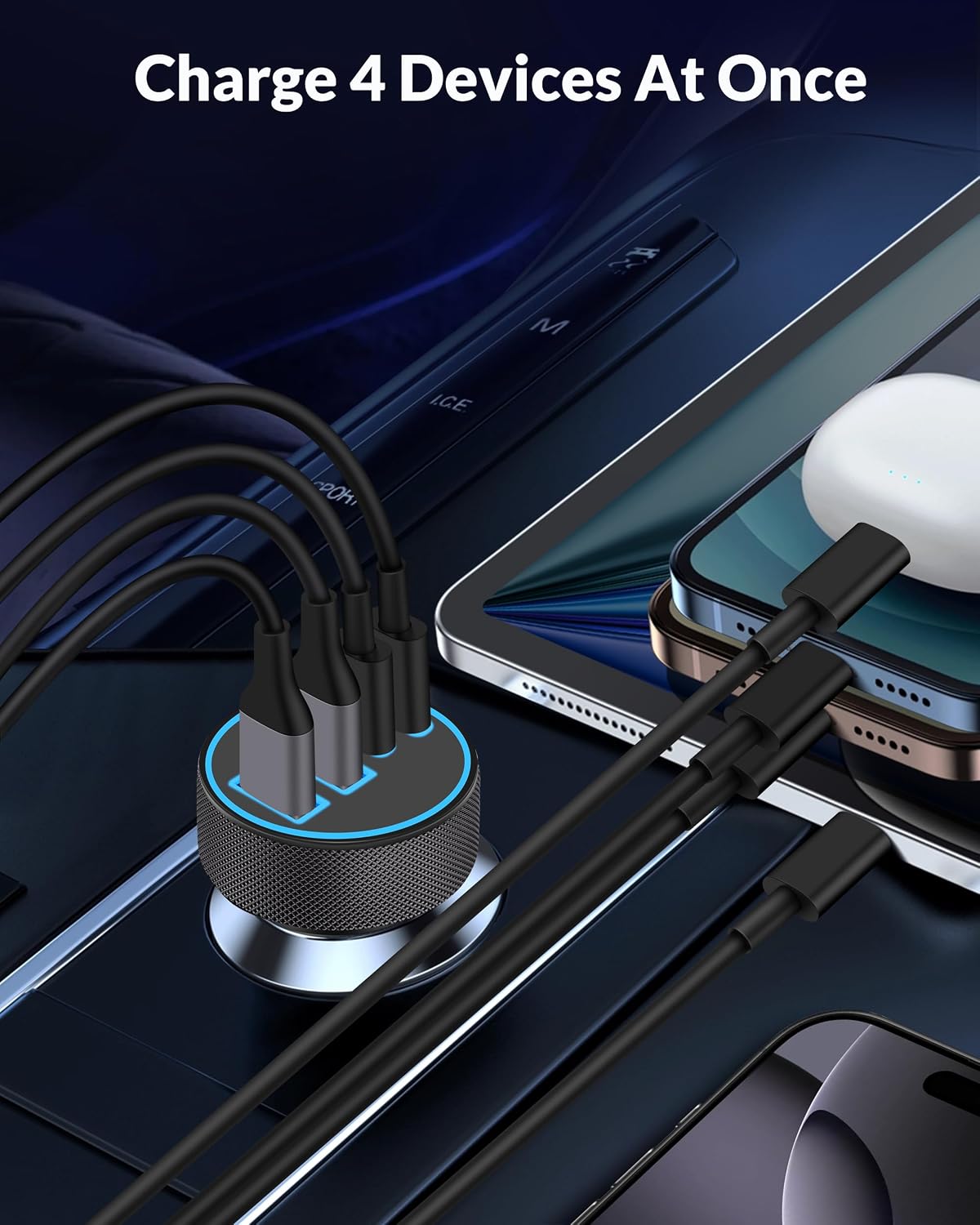 2 Pack Car Charger USB C, 4 in 1 90W Fast Charging 4-Port Car Phone Charger
