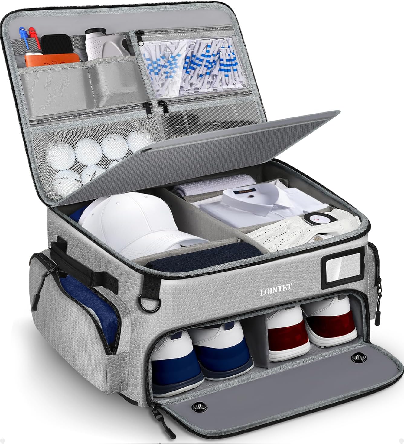 LOINTET Golf Trunk Organizer, Waterproof Car Golf Locker with Separate Ventilated Compartment for 2 Pair Shoes, Golf Storage for Balls, Tees, Cap, Clothes, Gloves, Accessories, Gifts for Men, Women