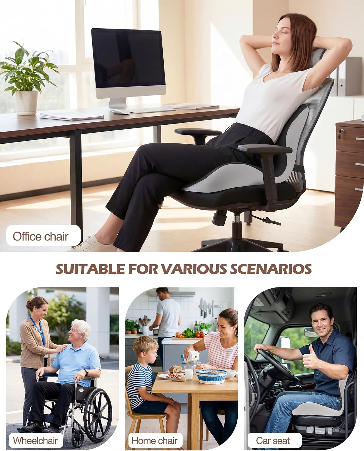 Office Chair Cushion for Tailbone &amp; Low Back Pain Relief, Seat Cushions for Office Chairs with Comfortable Foam and High Backrest, Suitable for Office Chairs, Cars, Trucks, and Home Chairs