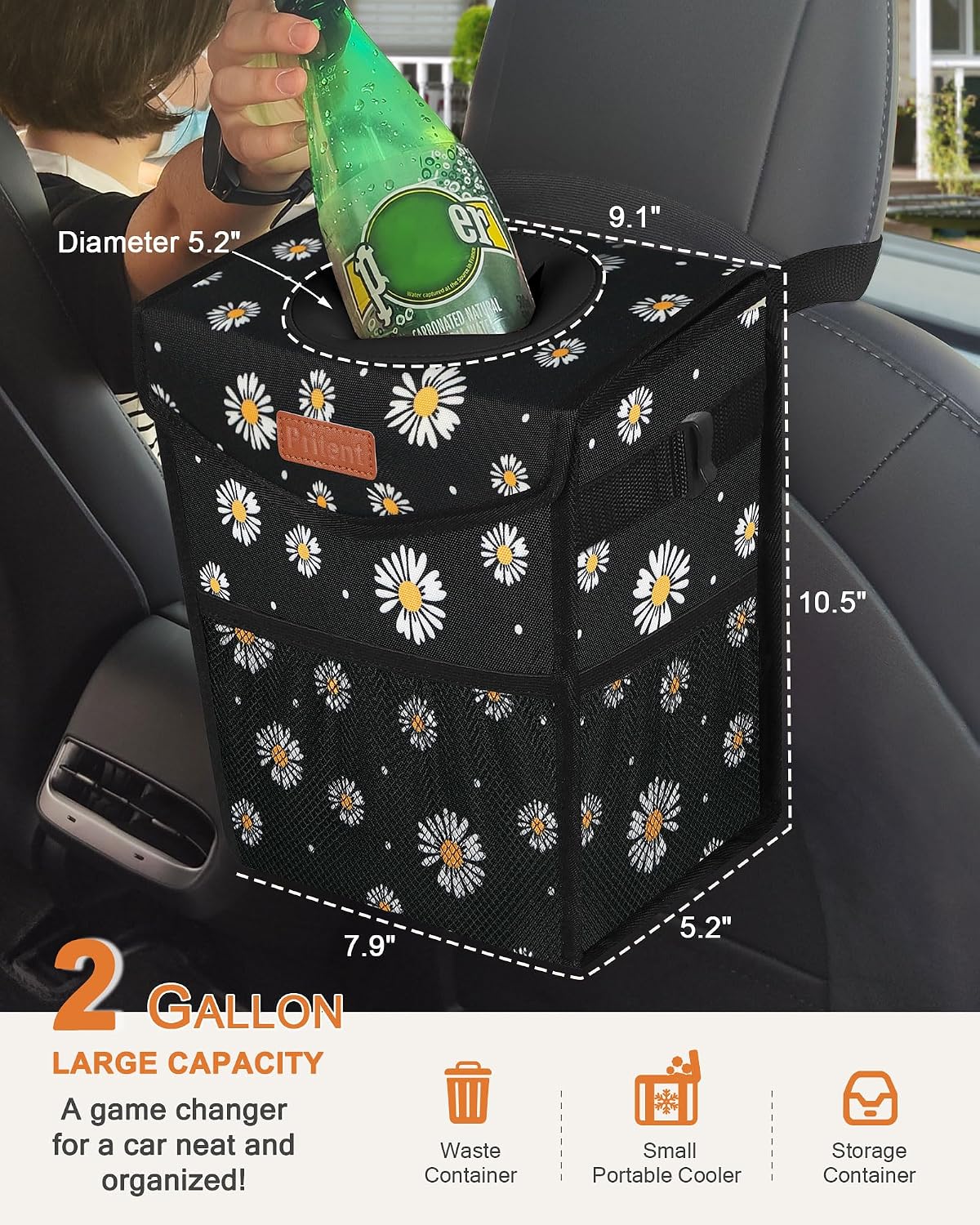 Pritent Car Trash Can with Lid, Cute Leakproof Car Trash Garbage Bag Hanging Vehicle Trash Bin Small Portable Automotive Garbage Cans Organizer for Back/Front Seat/Console(Trapezoid,Black Flower)