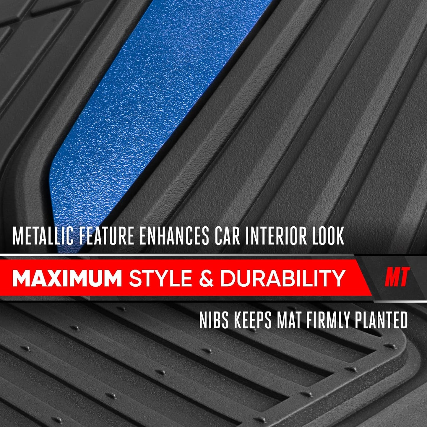 Motor Trend ChromeTech Car Floor Mats Full Set - Durable Rubber Floor Mats for Cars with Two Tone Accent, All Weather Interior Protection for Front and Rear with Non-Slip Backing, Black/Blue