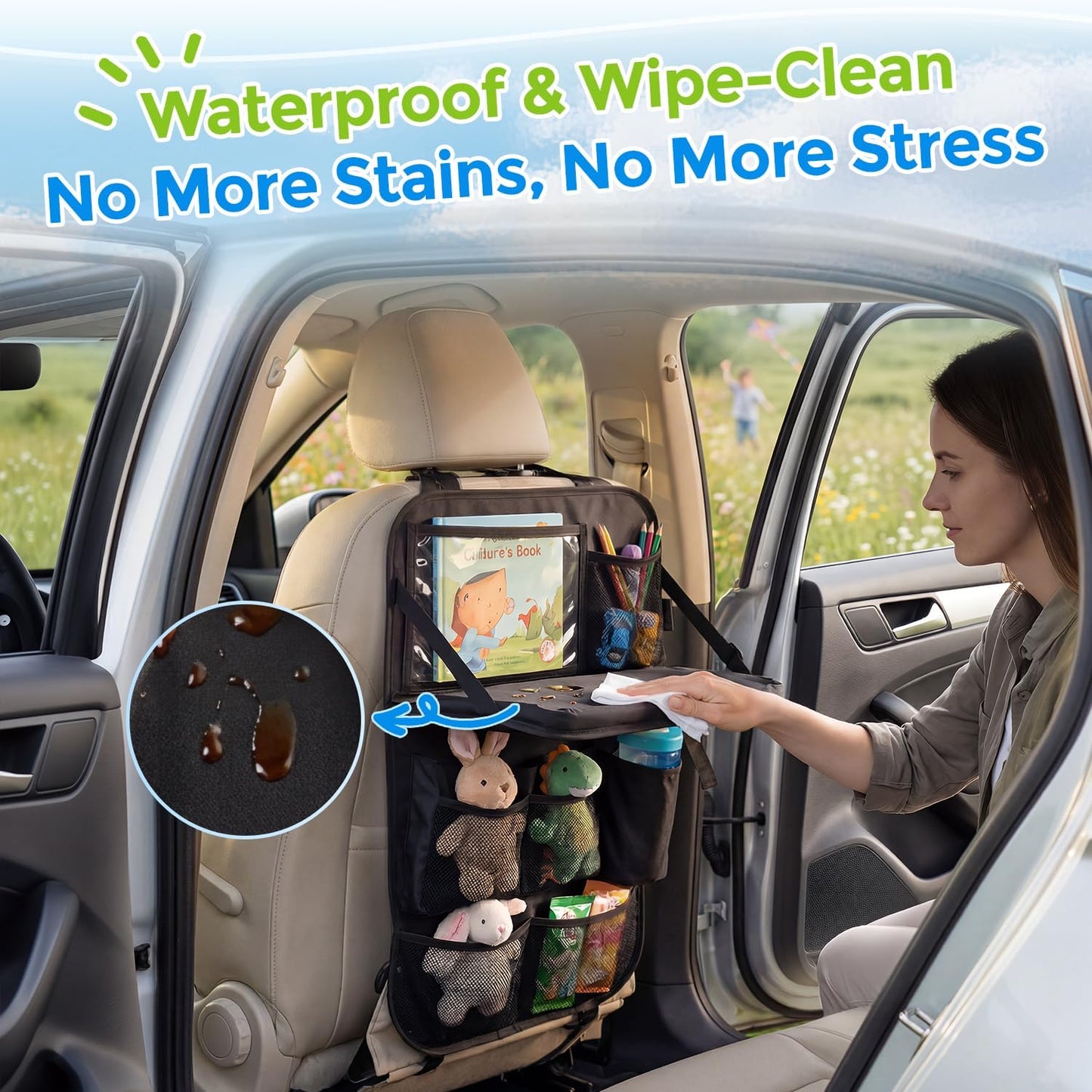 Tsumbay Backseat Car Organizer with Foldable Tray, 9 Pockets, Kick Mat Seat Protector, 18KG Capacity, Waterproof Oxford Fabric for Kids, Family Travel - for Car, SUV, Van (Oxford-2Pck)
