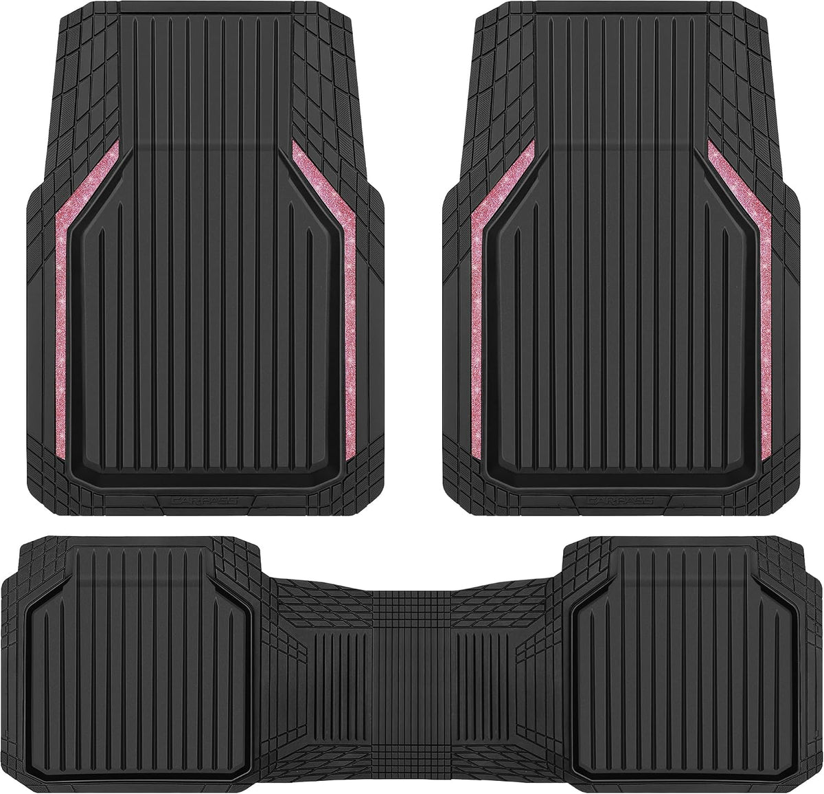 CAR PASS Pink Heavy Duty Rubber Floor Mats for Car, Waterproof Liner Deep Dish Bling Car Mats Full Sets, Universal Trim to Fit for SUV Truck Sedans Vans, All Weather Floor Mats, Pink Sparkly