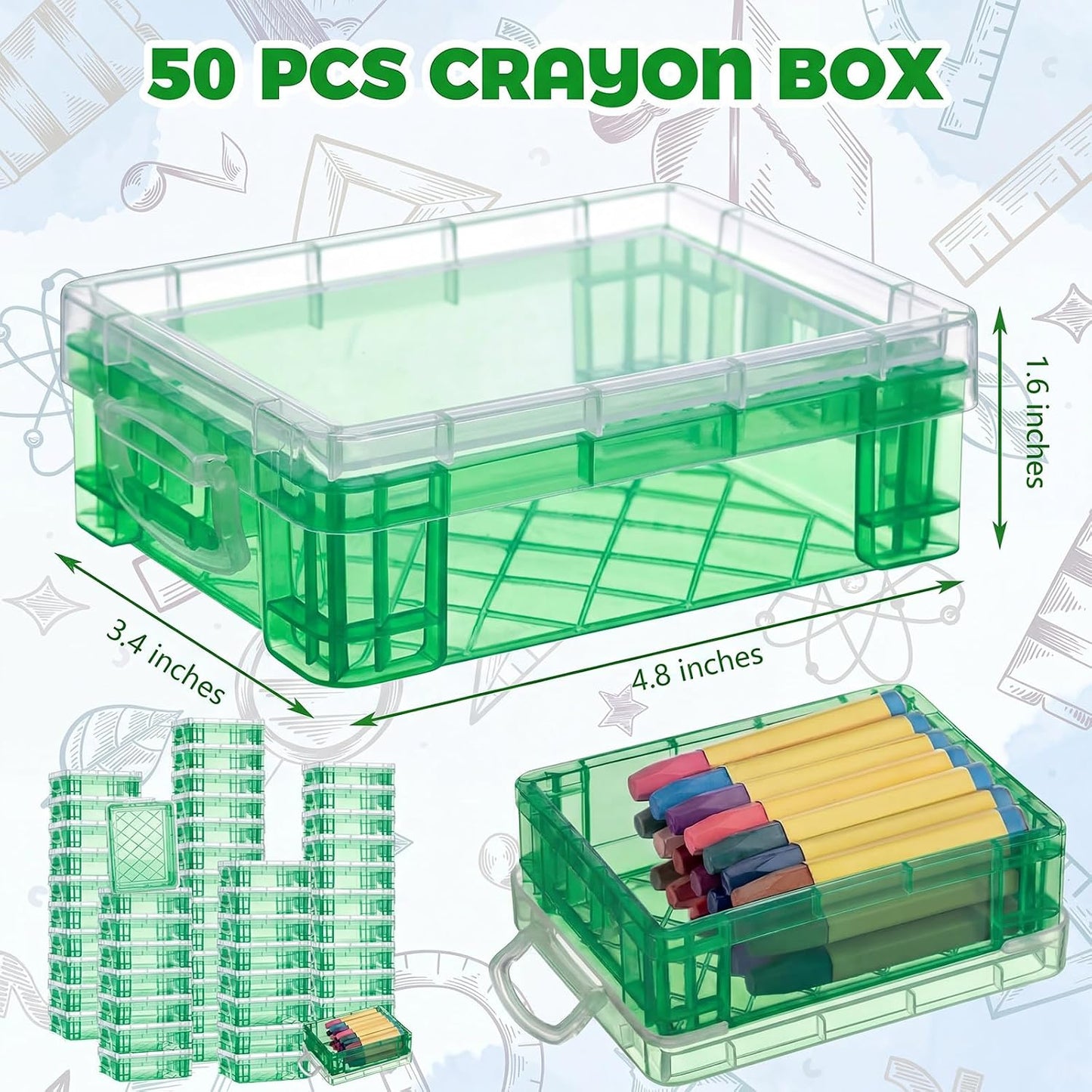 Suzile 50 Pcs Plastic Crayon Box with Lid 4.8 x 3.4 x 1.6 In Crayon Storage Containers Bulk for Office School Classroom Supplies Pen Pencil Art Crafts (Green)
