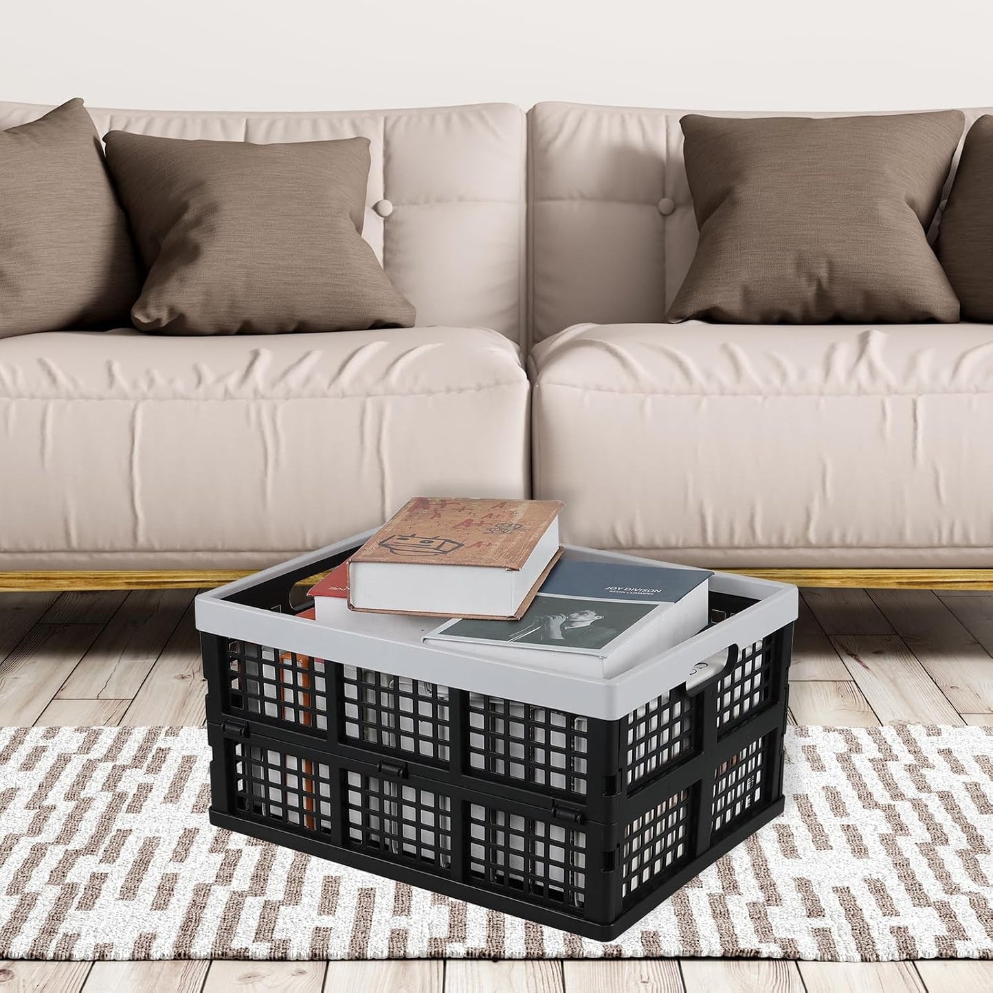 34 L Plastic Collapsible Crates, Folding Storage Crate, 3 Packs | Space-Saving Stackable Crate Basket with Carry Handles, Quick-Fold Design for Home, Garage, Car Trunk