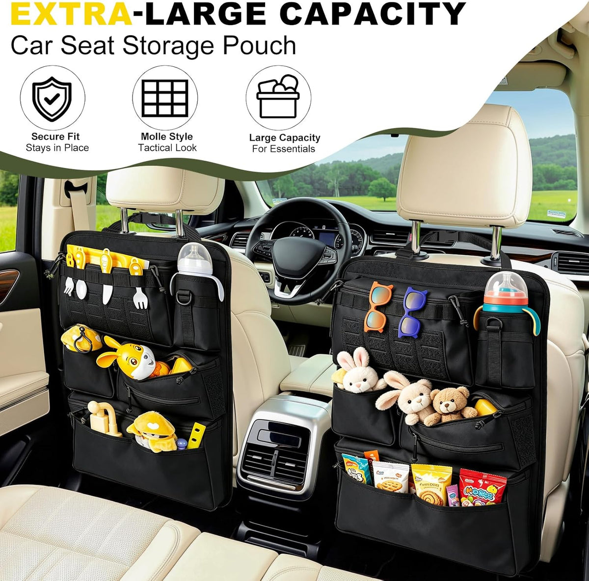 Universal Car Seat Back Organizer with 7 Storage Pockets, Black
