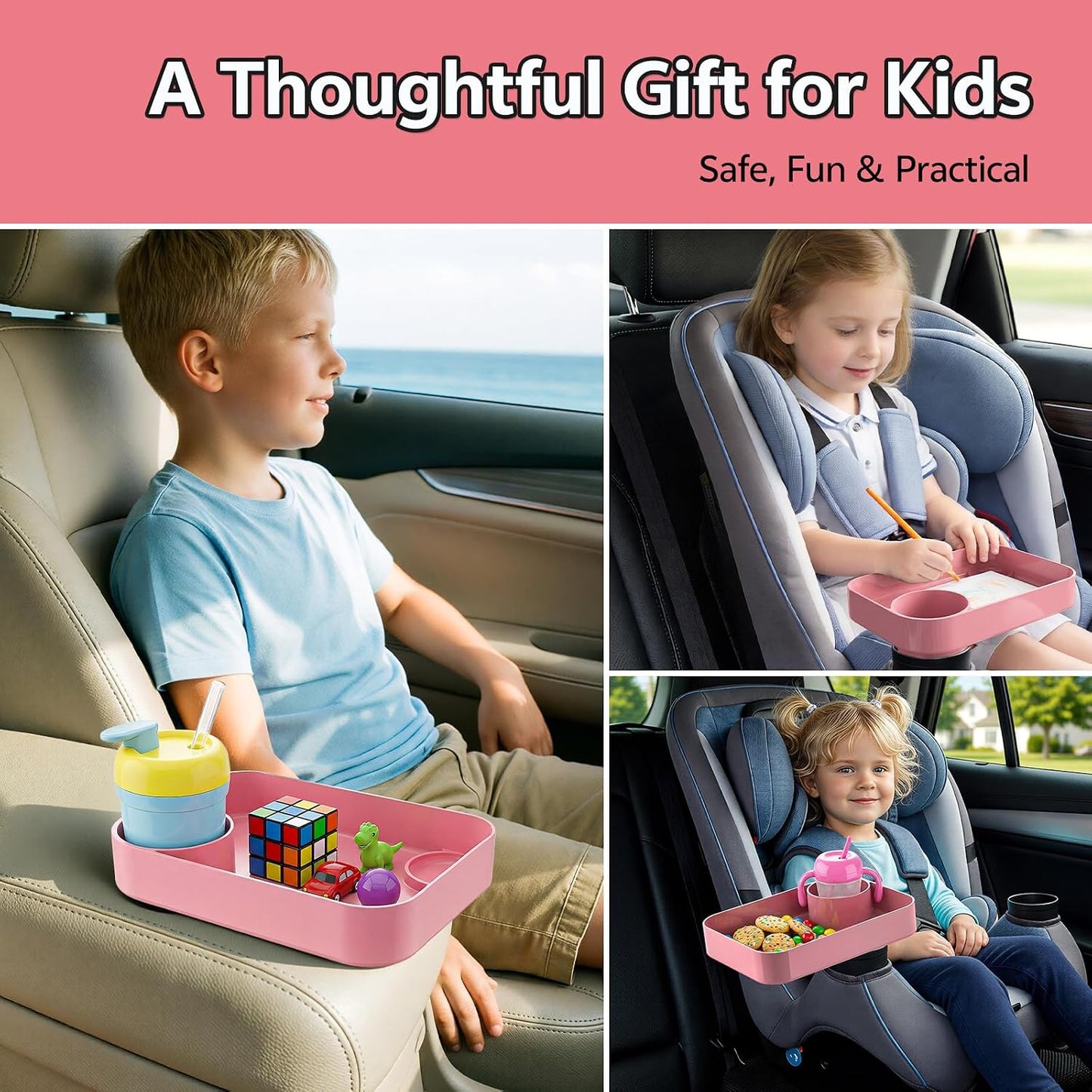 Car Seat Snack Tray for Kids Toddler Travel,Cup Holder Expander for Car,Toddler Travel & Road Trip Accessory for Mess-Free Snacking in The Car (Pink)