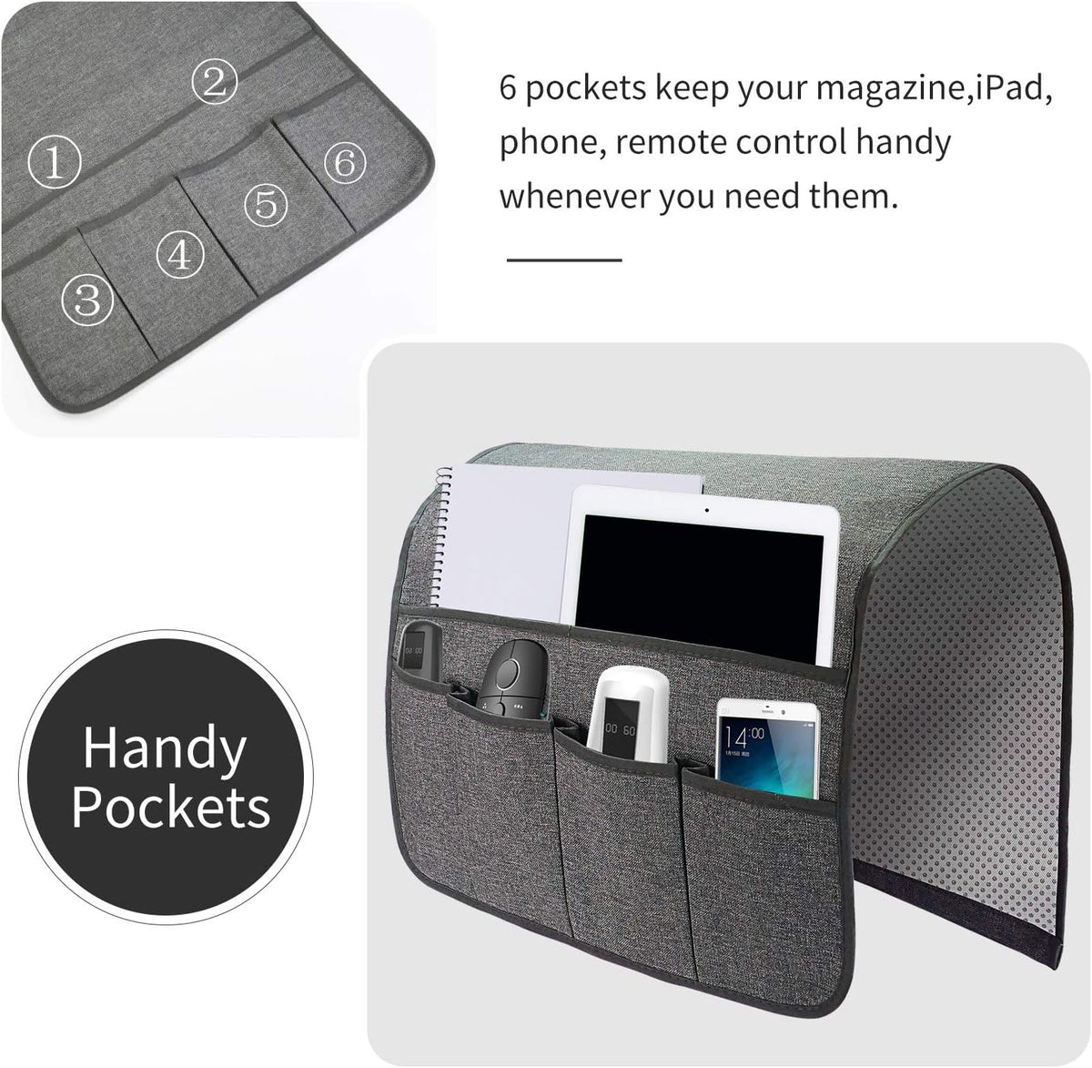 Sofa Armrest Organizer, Remote Control Holder for Recliner Couch, Arm Chair Caddy with 6 Pockets for Magazine, Tablet, Phone, iPad