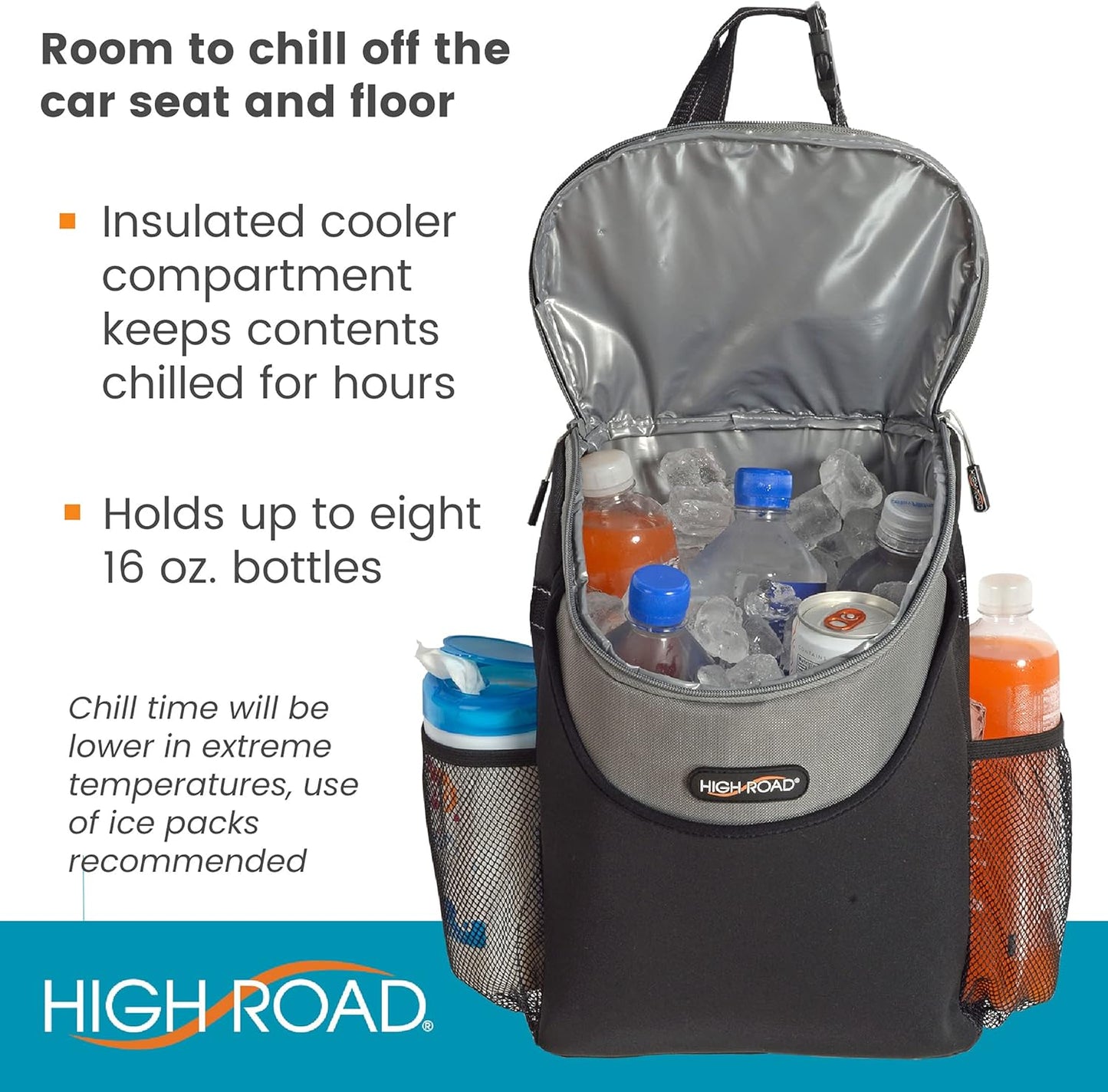 High Road Soft Car Cooler Bag for Cold and Hot Food Transport - Insulated Backseat Cooler Bag for Car, SUV, Truck or Van - Portable Soft Cooler with Storage Pocket and Bottle Holders