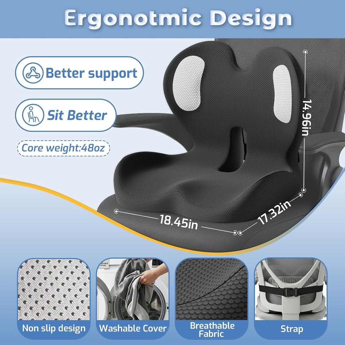 Ergonomic Seat Cushion with Lumbar Support Pillow for Office and Car