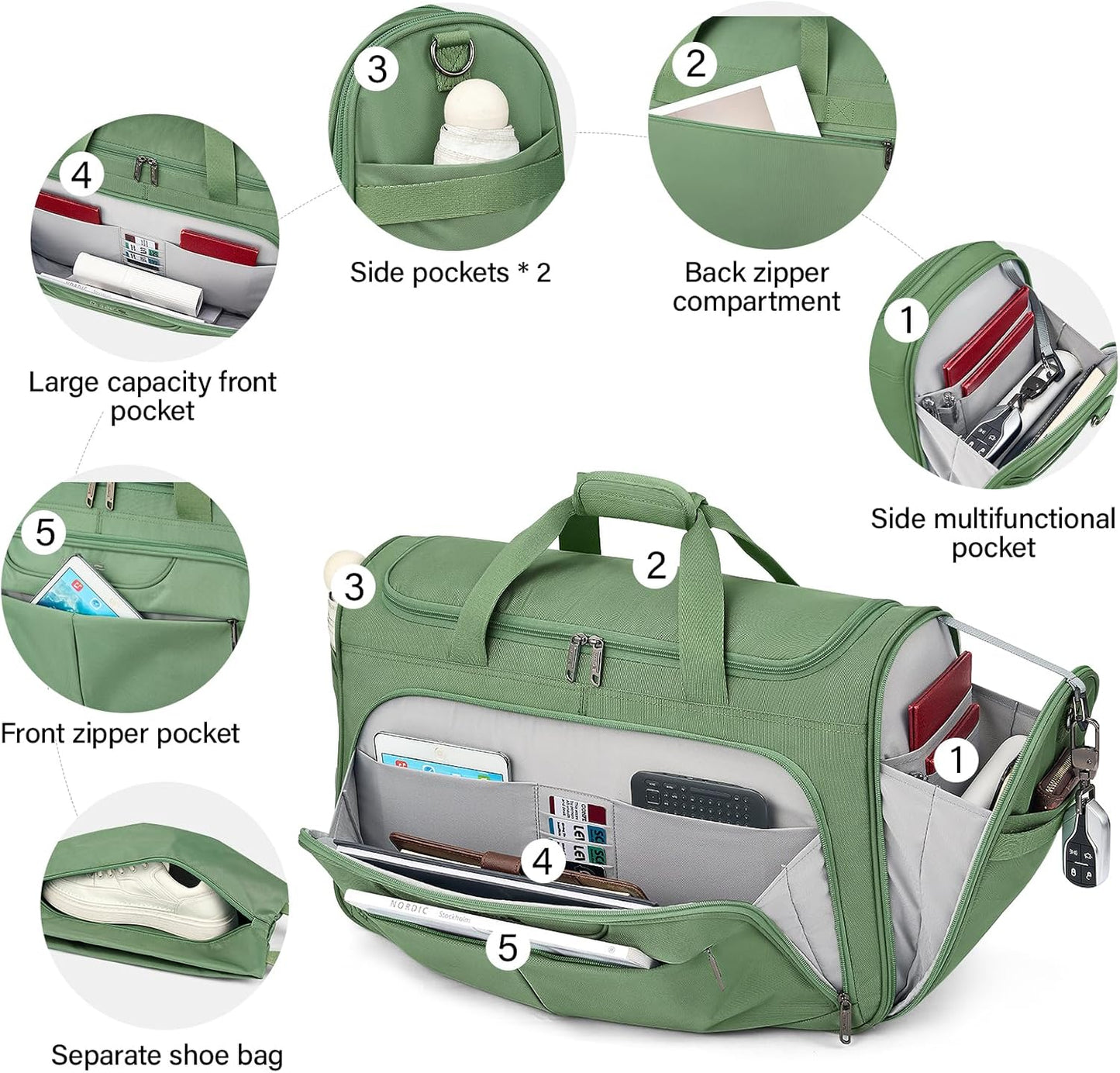 Hanke Carry On luggage Bags for Travel, Large Foldable Duffle Bag for Travel, Softside Lightweight Travel Bag Carry On Bags for Airplanes Women, Travel Tote Bags for Women Men.(Forest Green)