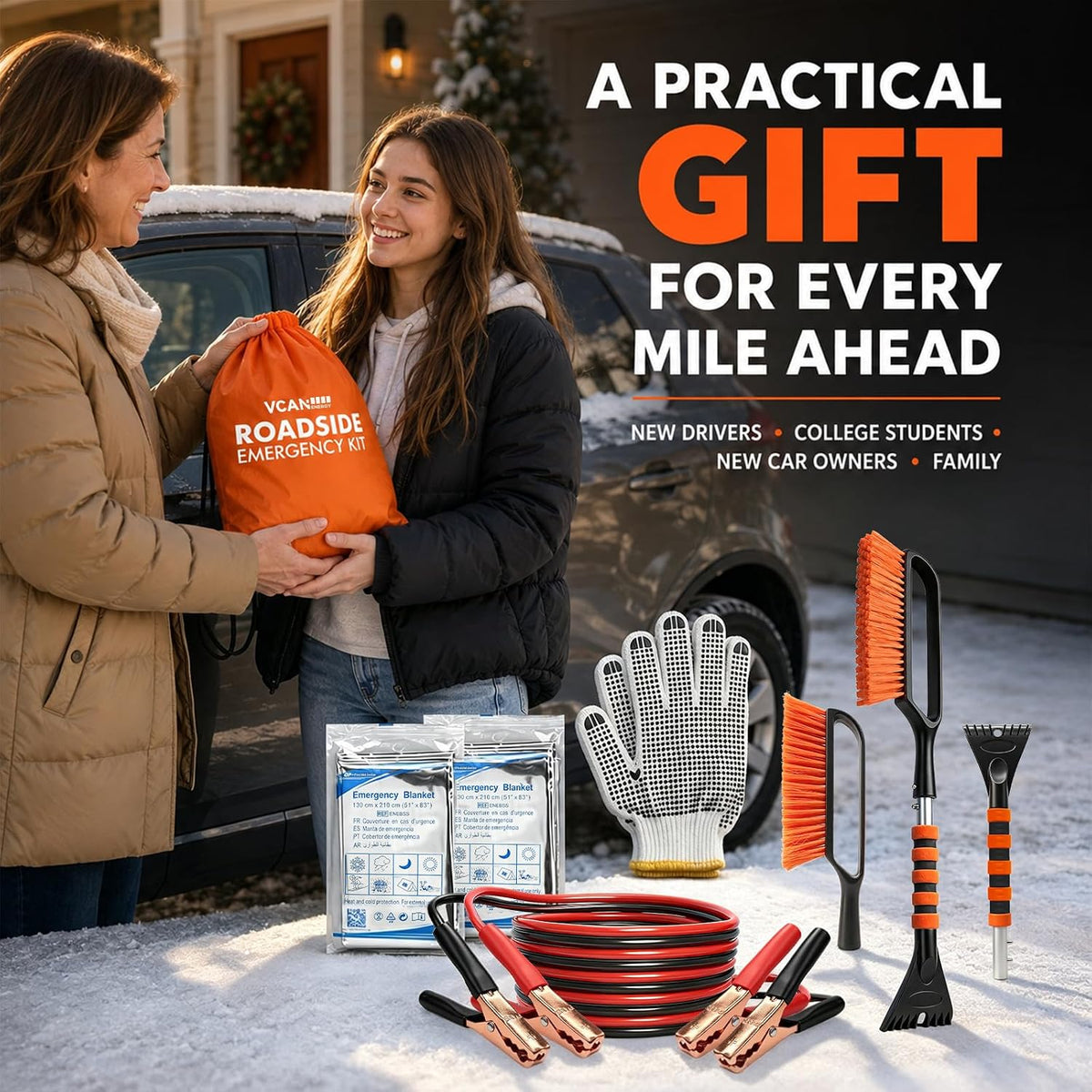 Winter Car Emergency Kit with Jumper Cables, 2-in-1 Detachable Snow Brush