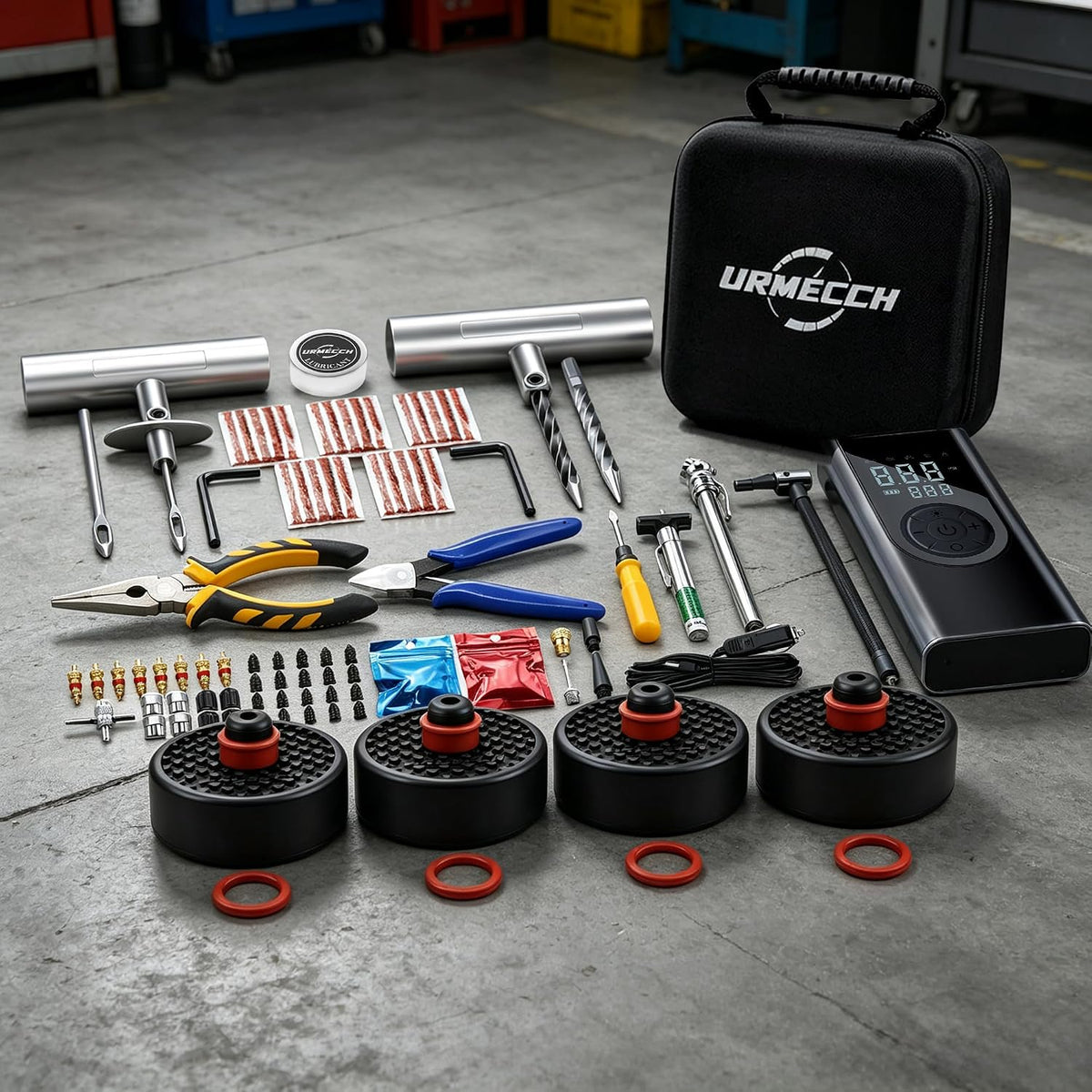 for Tesla Model Y/3/S/X Jack Pads with Flat Tire Repair Kit & Portable Air Compressor, Emergency Roadside Puncture Plug Set Car Fast Repair & Inflation - Heavy Duty Tools with Storage Case