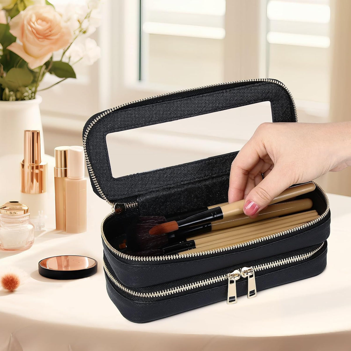 Pinkmik Double Layer Makeup Bag, Black, Double SLIM