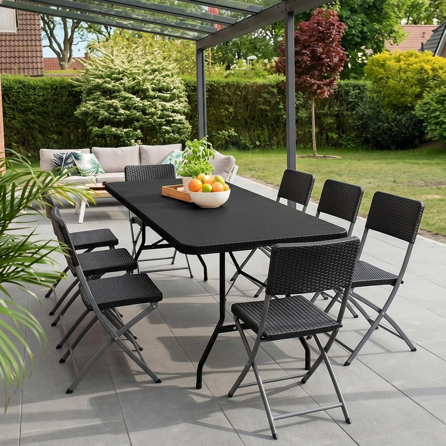 6FT Folding Table Portable Plastic Table with Carry Handle Fold-in-Half Utility Foldtable Table Black Ratten for Outdoor Party,Dining,Wedding,Camping,Picnic,Events
