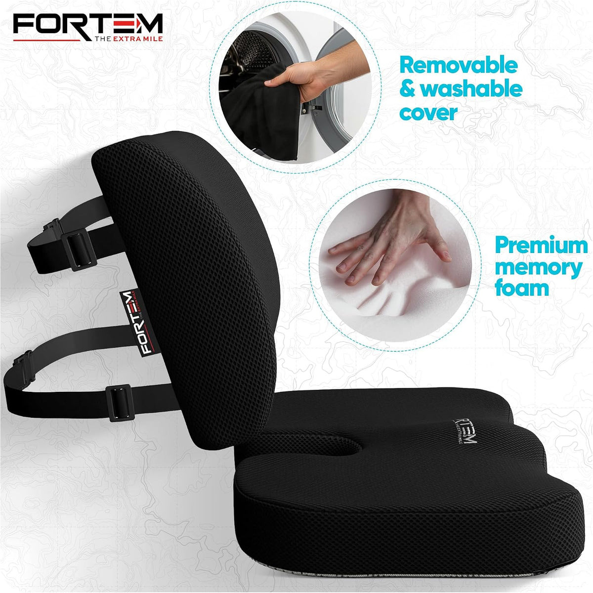 FORTEM Seat Cushion, Office Chair Cushion, Lumbar Support Pillow for Office Chair, Memory Foam Car Seat Cushions, Sciatica Coccyx Tailbone Pain Relief, Cushions for Back Support, Washable, Non Slip XL