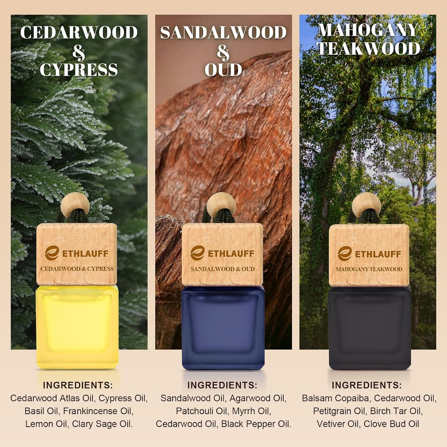 Car Air Freshener 3 Pcs, Cedarwood & Cypress, Sandalwood & Oud, Teakwood Mahogany
