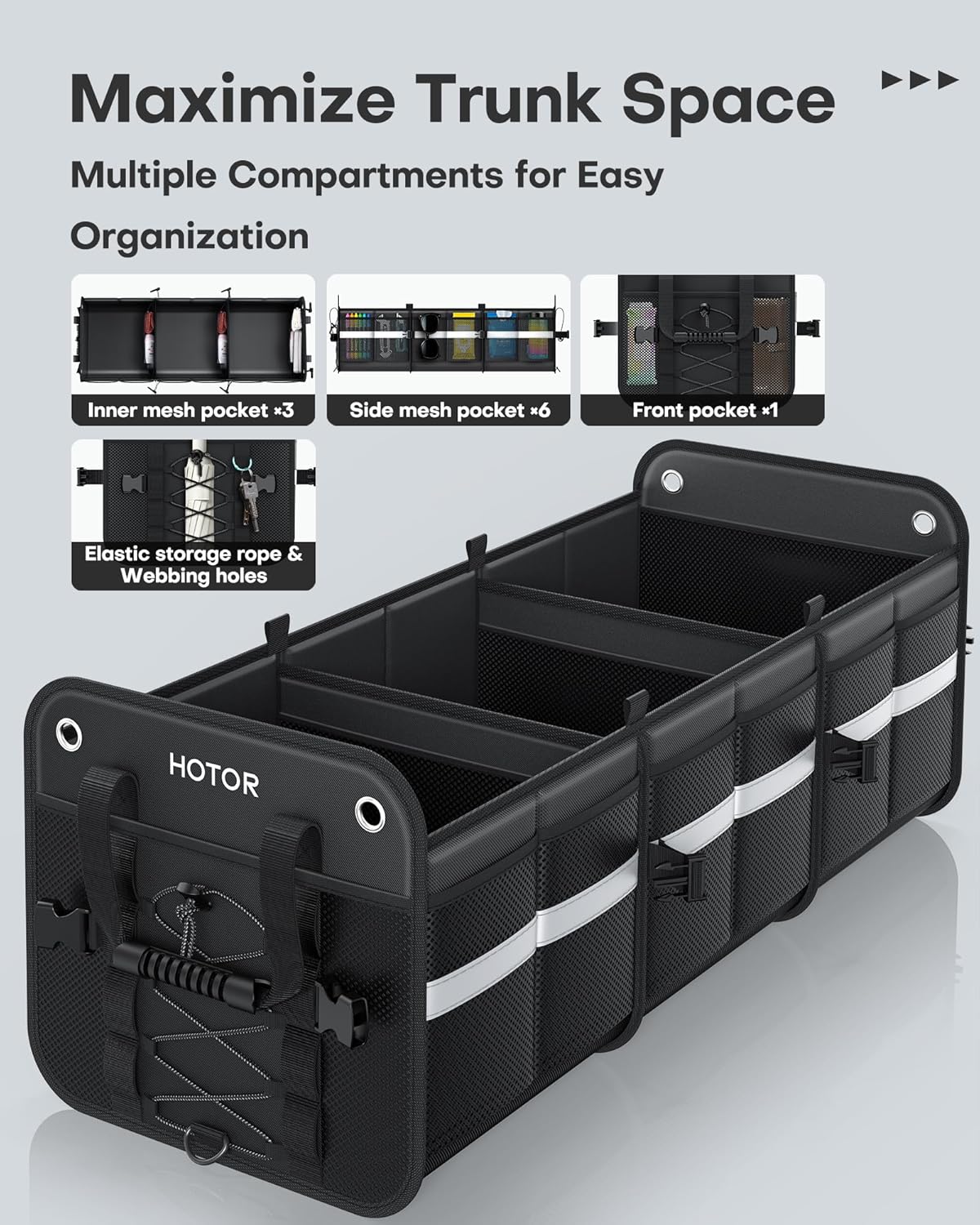 HOTOR Trunk Organizer for SUV – Car Storage Box with Reflective Strips, Collapsible Car Organizer with Large Capacity, Essential Car Accessories for Truck, Van & Sedan, Black, 33.1" x 13.0" x 12.0"