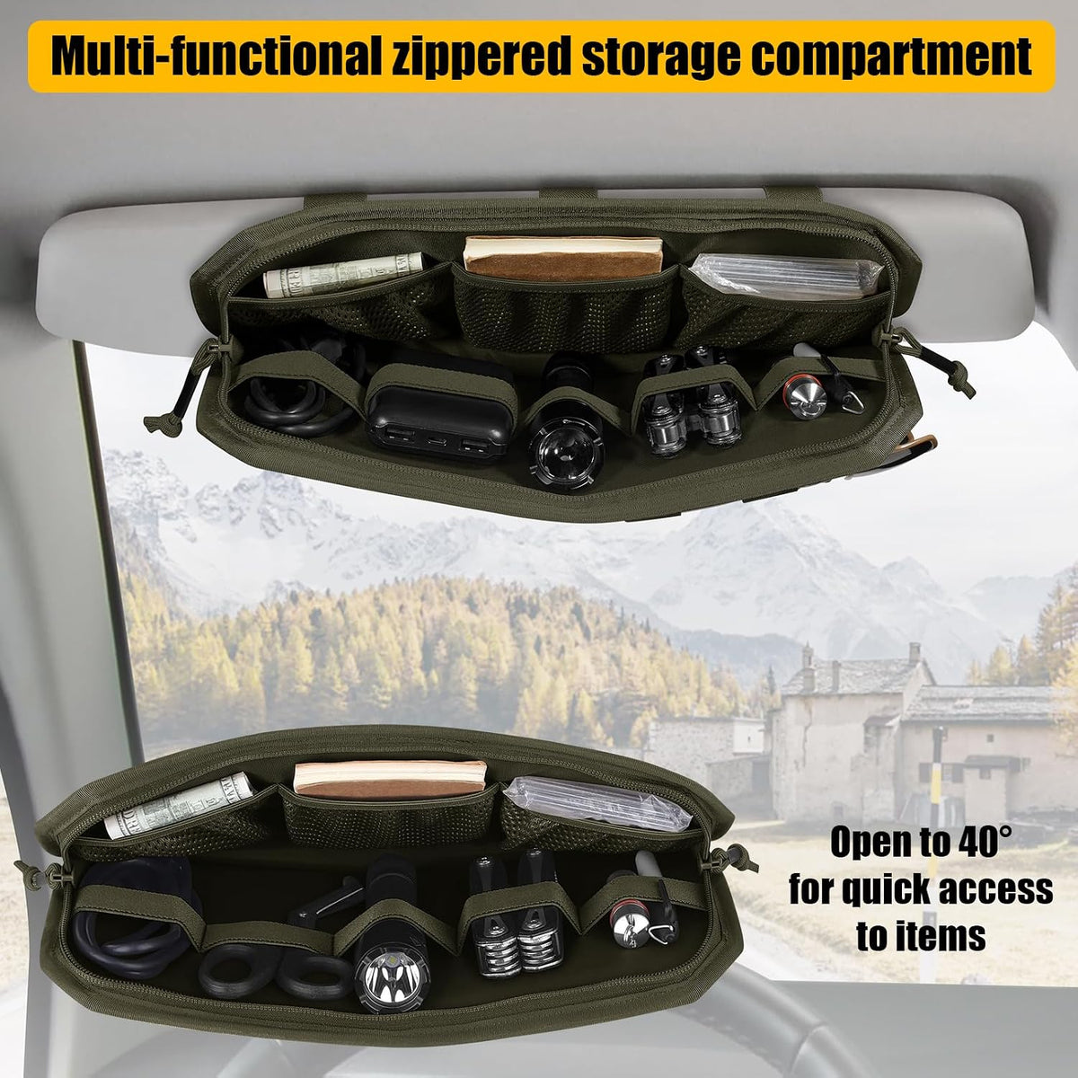Car Sun Visor Organizer, Tactical Sunvisor Organizers Storage Covers for Trucks, Molle Panel with Pockets Zipper Visor Storage Pouch Accessories, Fits Most Vehicles, SUVs & Jeeps (RG-NEW)